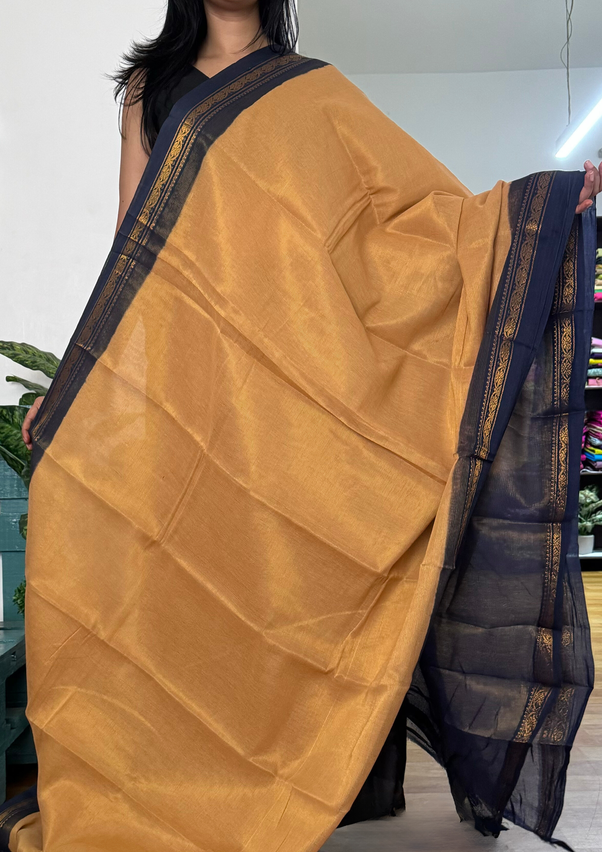 Biscuit Brown and Navy Blue Vairaoosi Cotton Saree