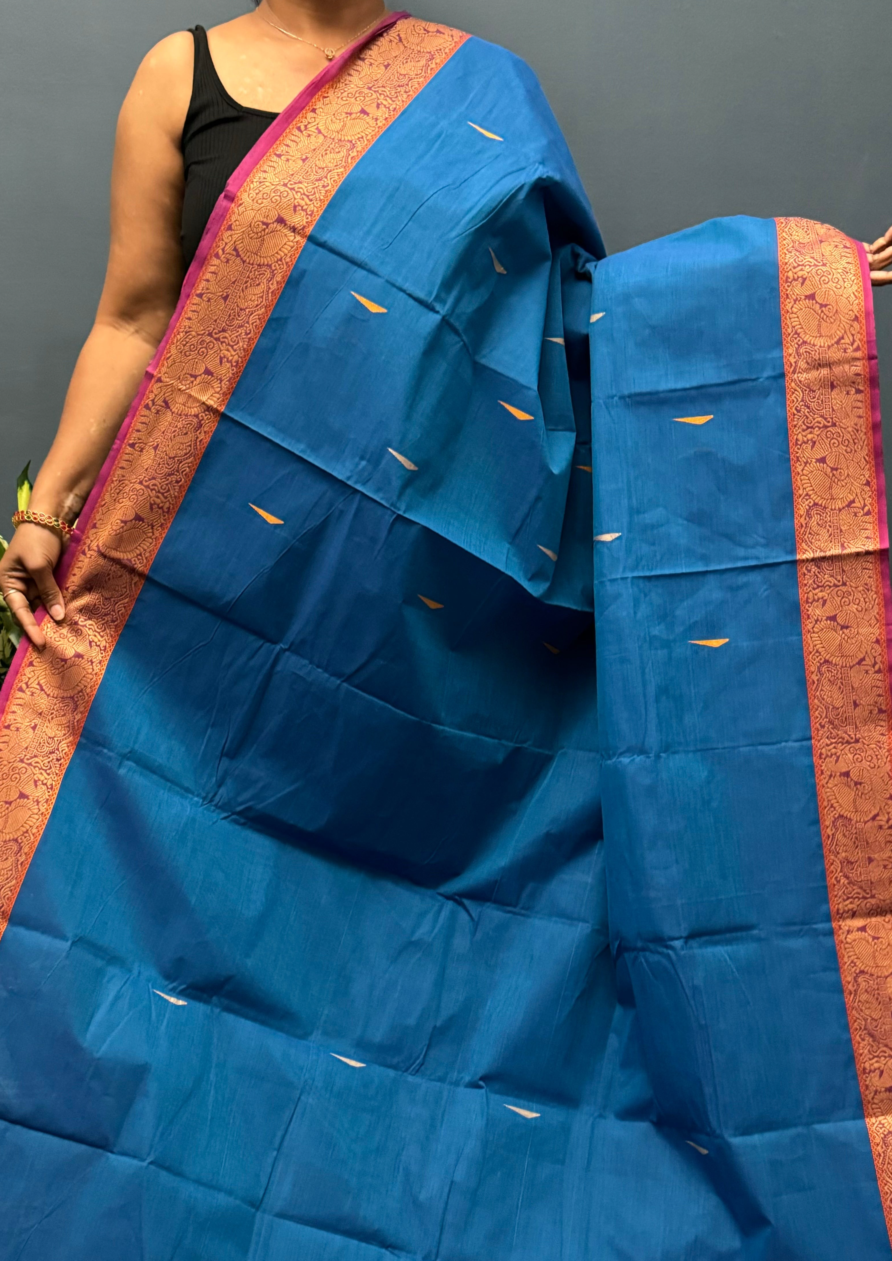 Blue Rain Drop and Vanasingaram Border Chettinadu Cotton Saree