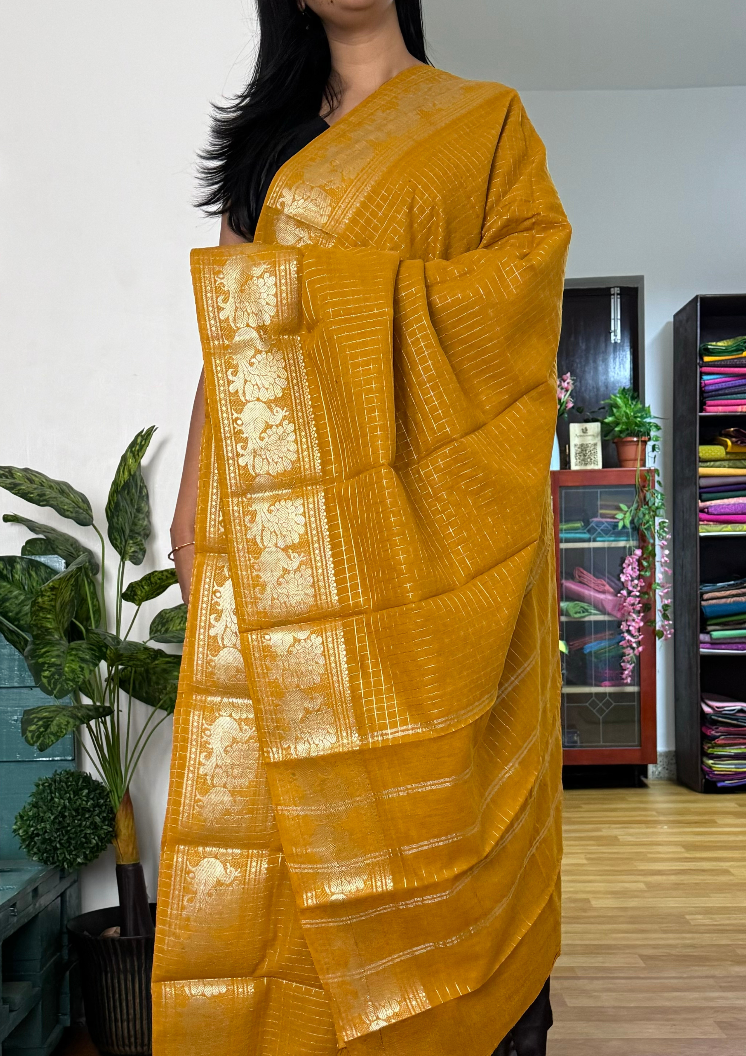 Mustard Yellow Silver Border Checked Sungudi Cotton Saree