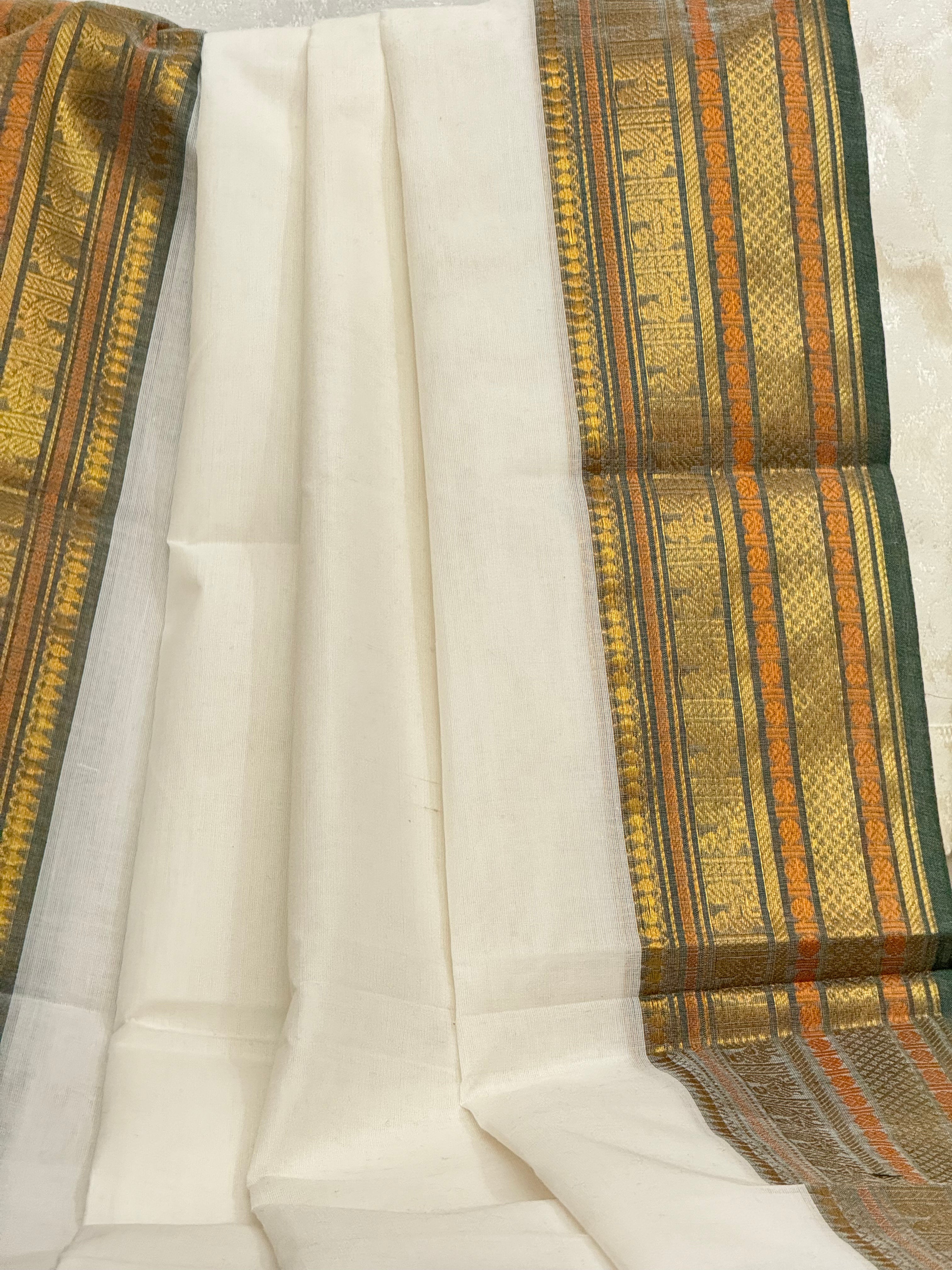 Pure White and Green Paithani Border Chettinadu Cotton Saree