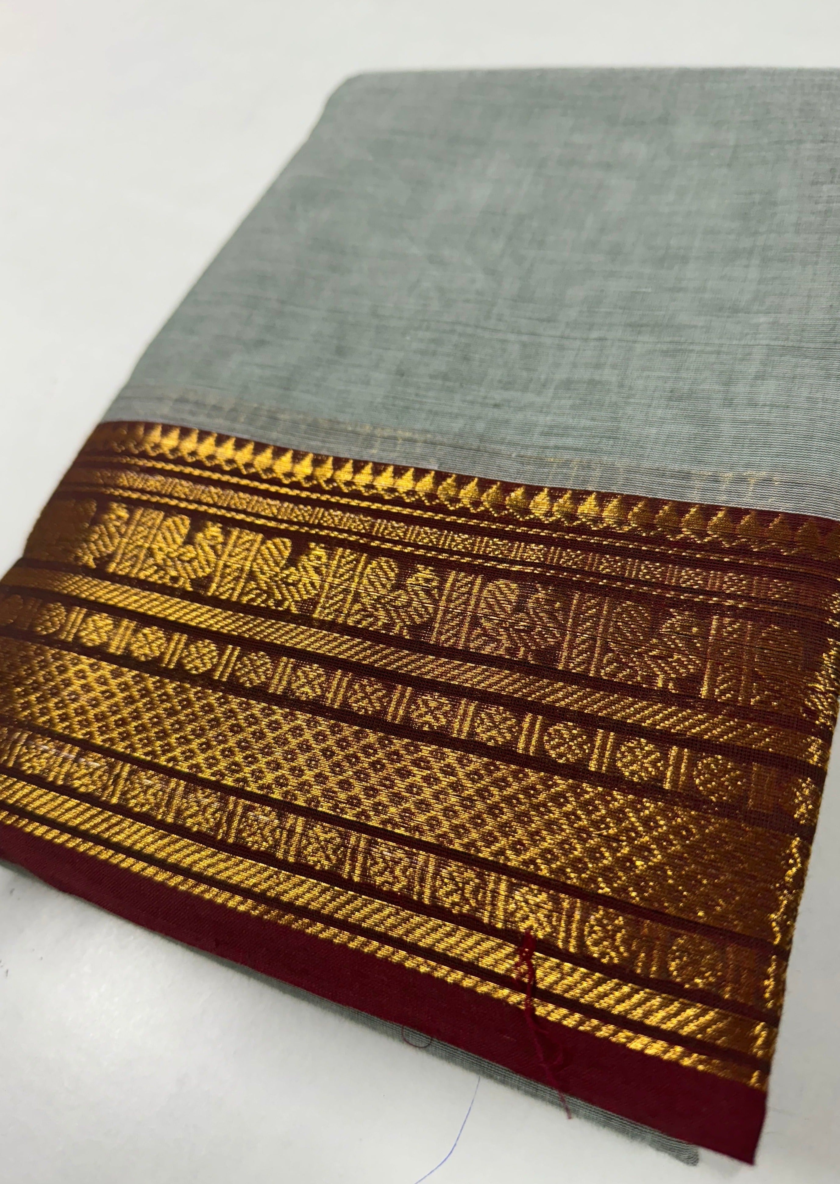 Greenish Grey and Maroon Chettinadu Cotton Saree