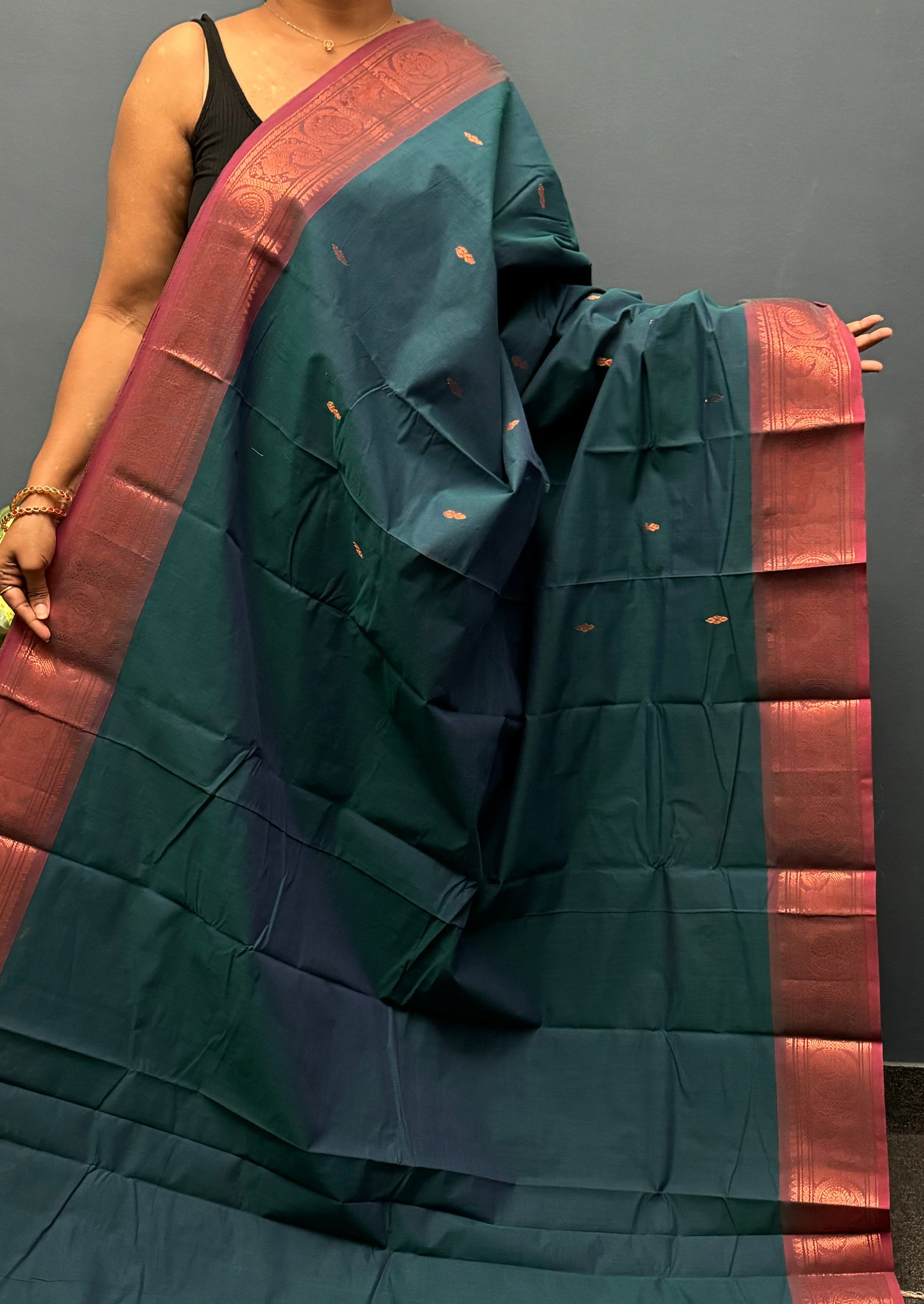 Peacock Green Copper Border Chettinadu Cotton Saree