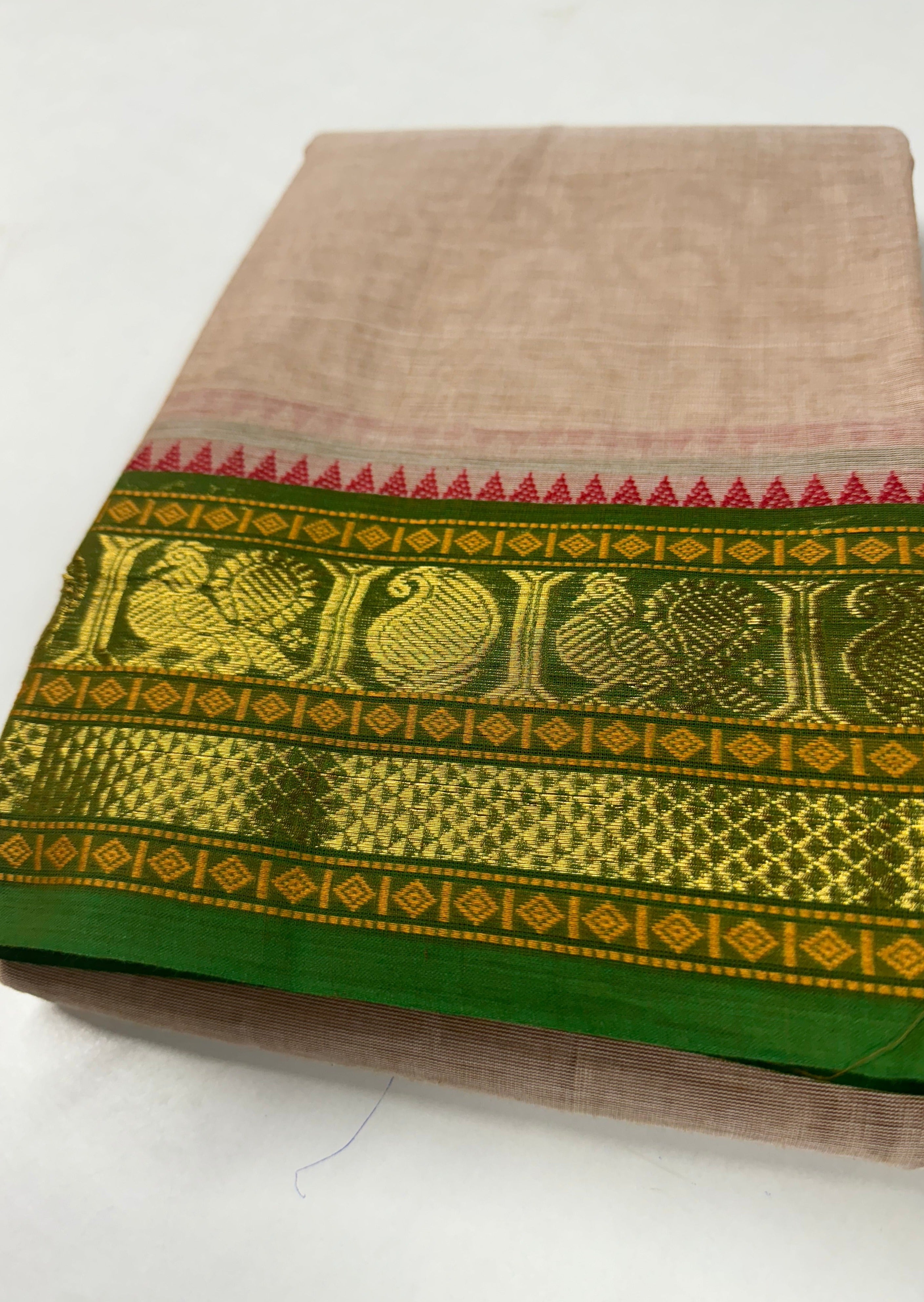 Beige and Green Paithani Border Chettinadu Cotton Saree