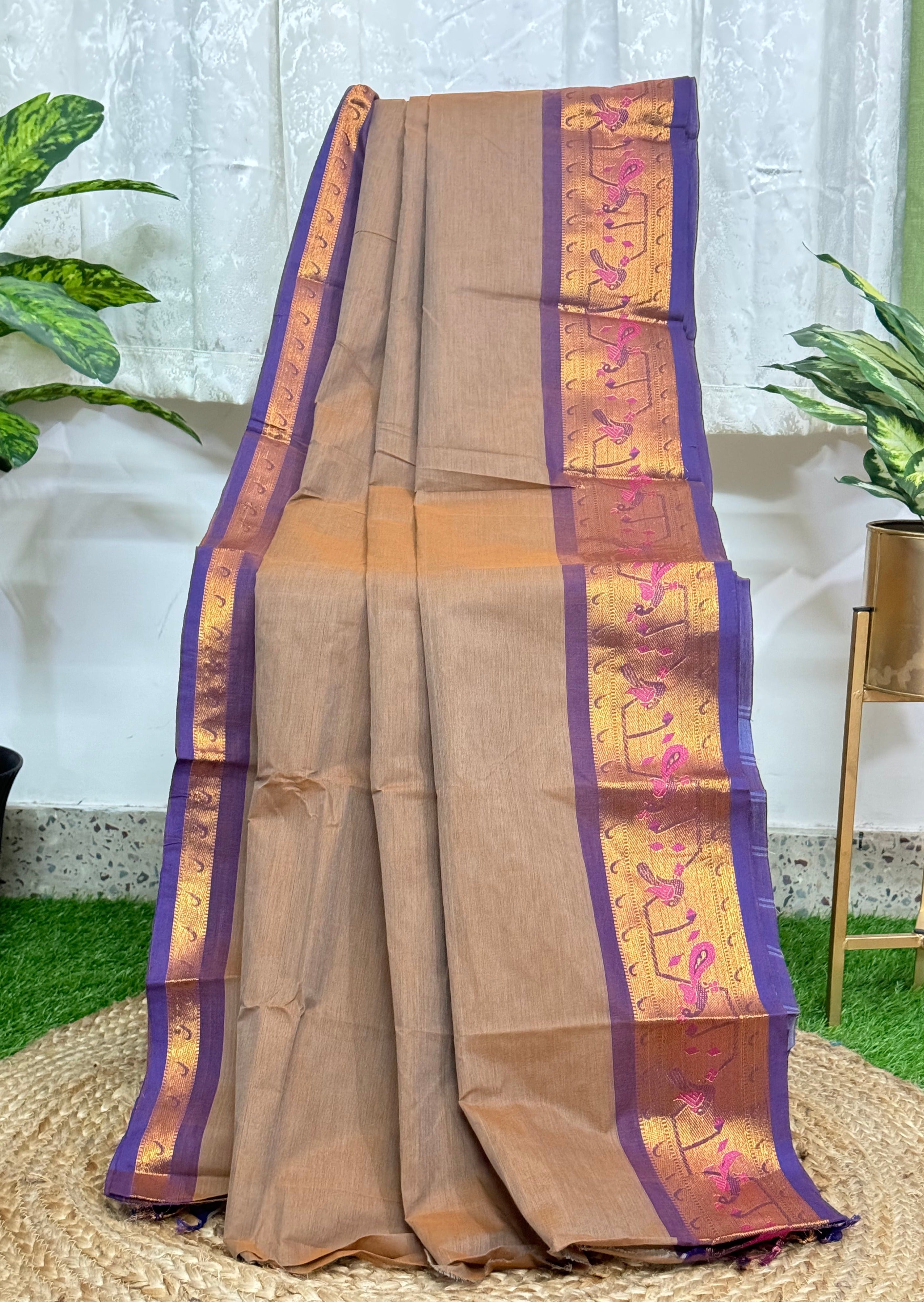 Double Shaded Brown Paithani Border Chettinadu Cotton Saree