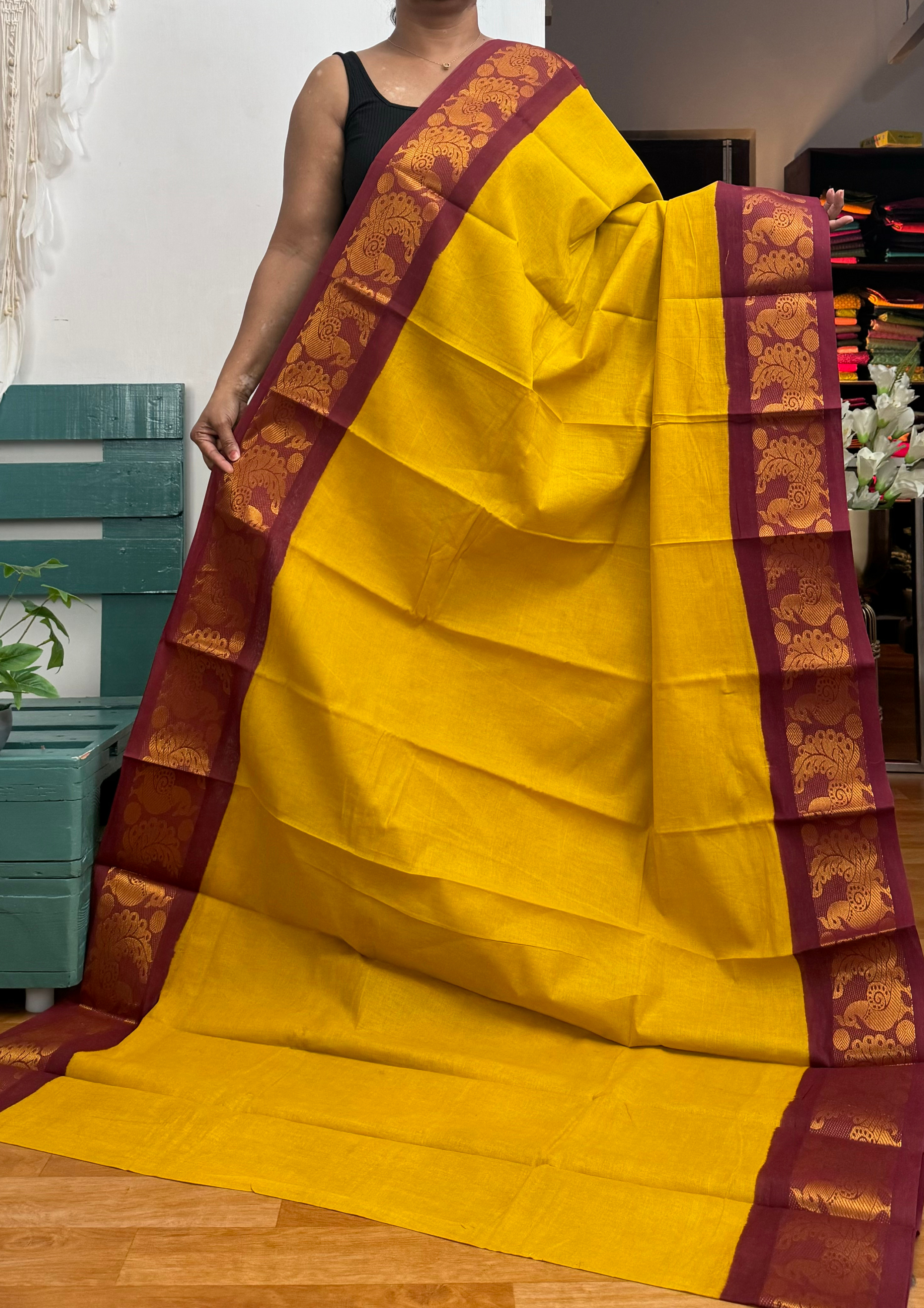 Golden Yellow Sungudi Cotton Saree