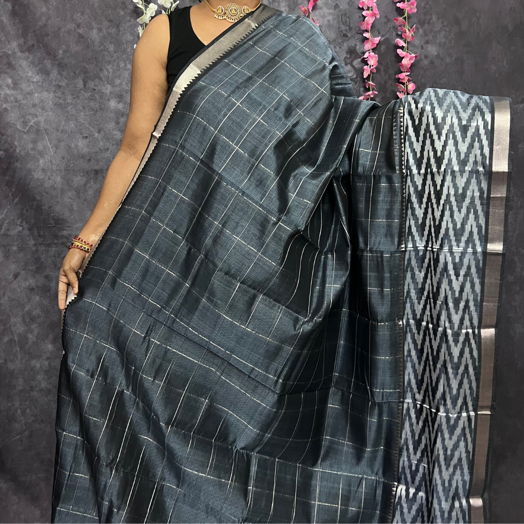 Grey Checked Mangalagiri Silk Cotton Saree