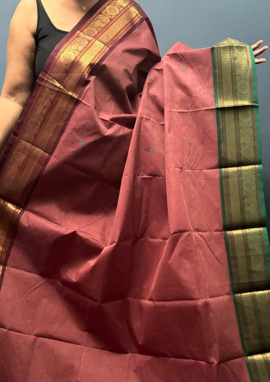 Brick Red Ganga Jamuna Chettinadu Cotton Saree