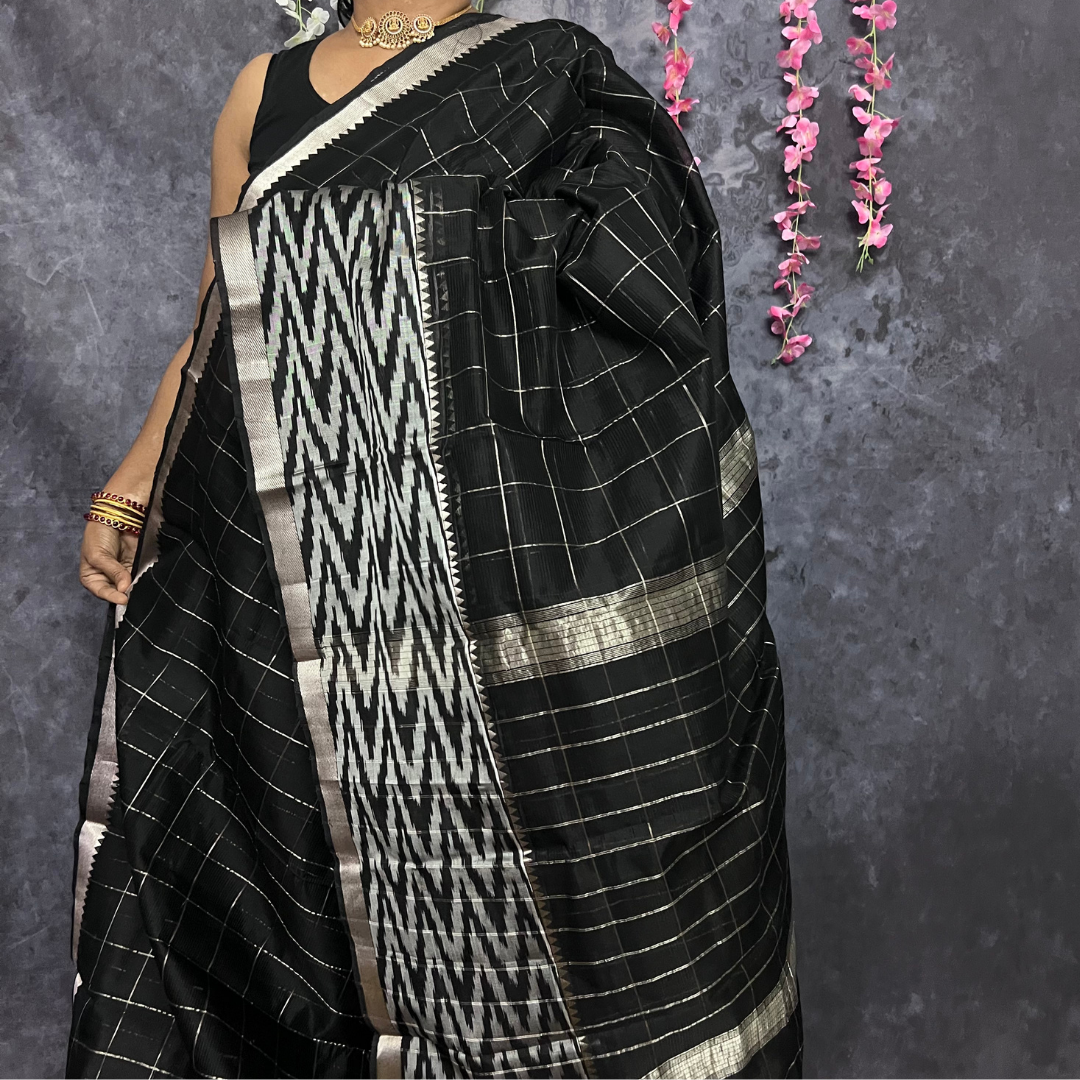 Black Checked Mangalagiri Silk Cotton Saree