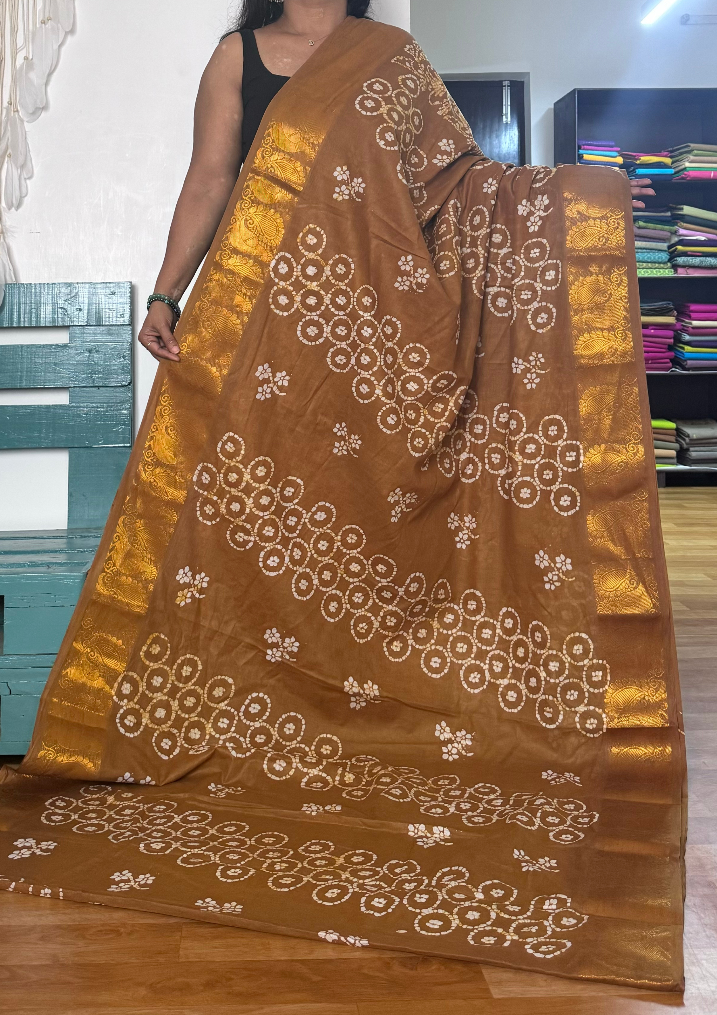 Dark Mustard Printed Sungudi Cotton Saree