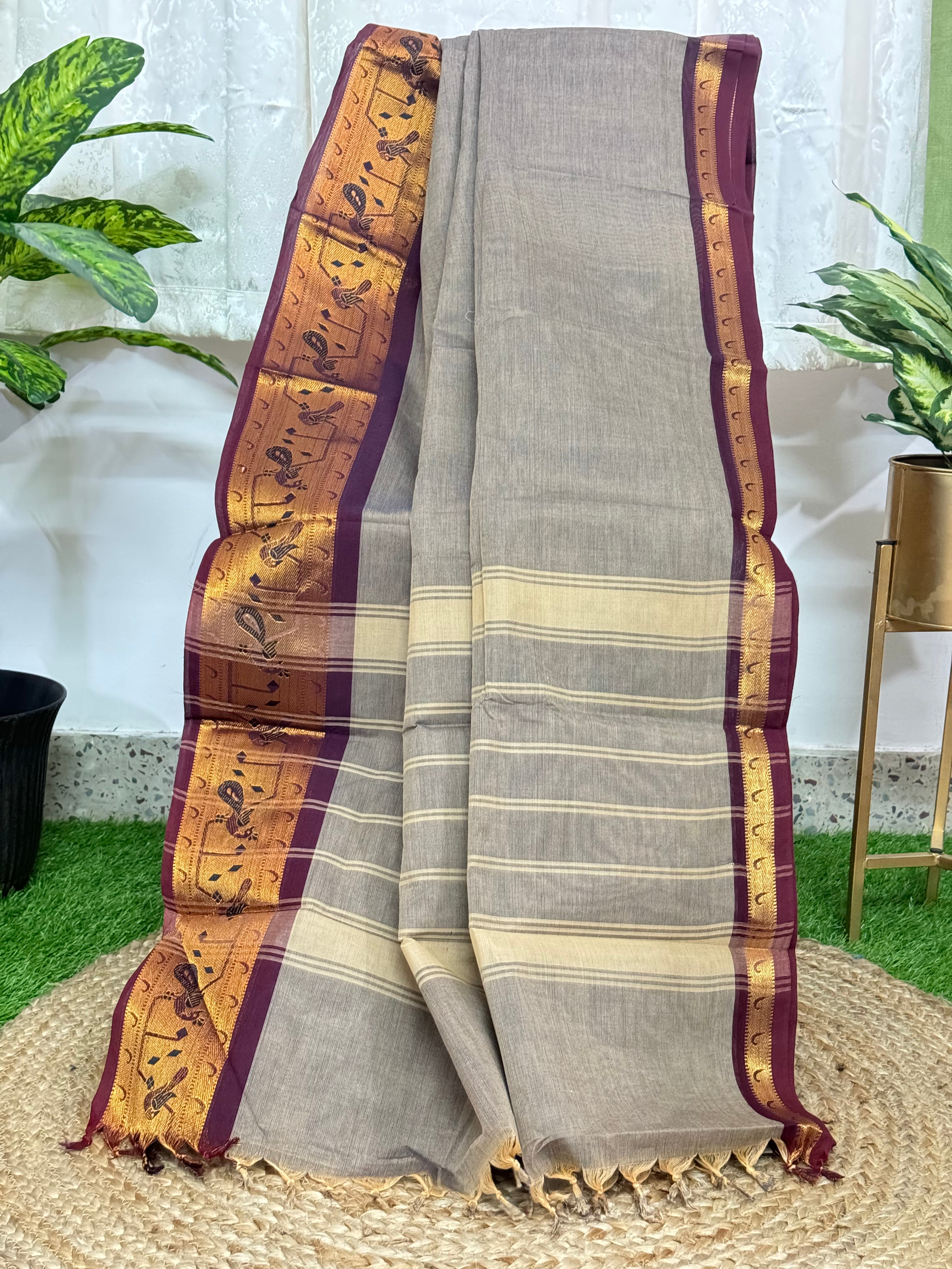 Elephant Grey Paithani Border Chettinadu Cotton Saree