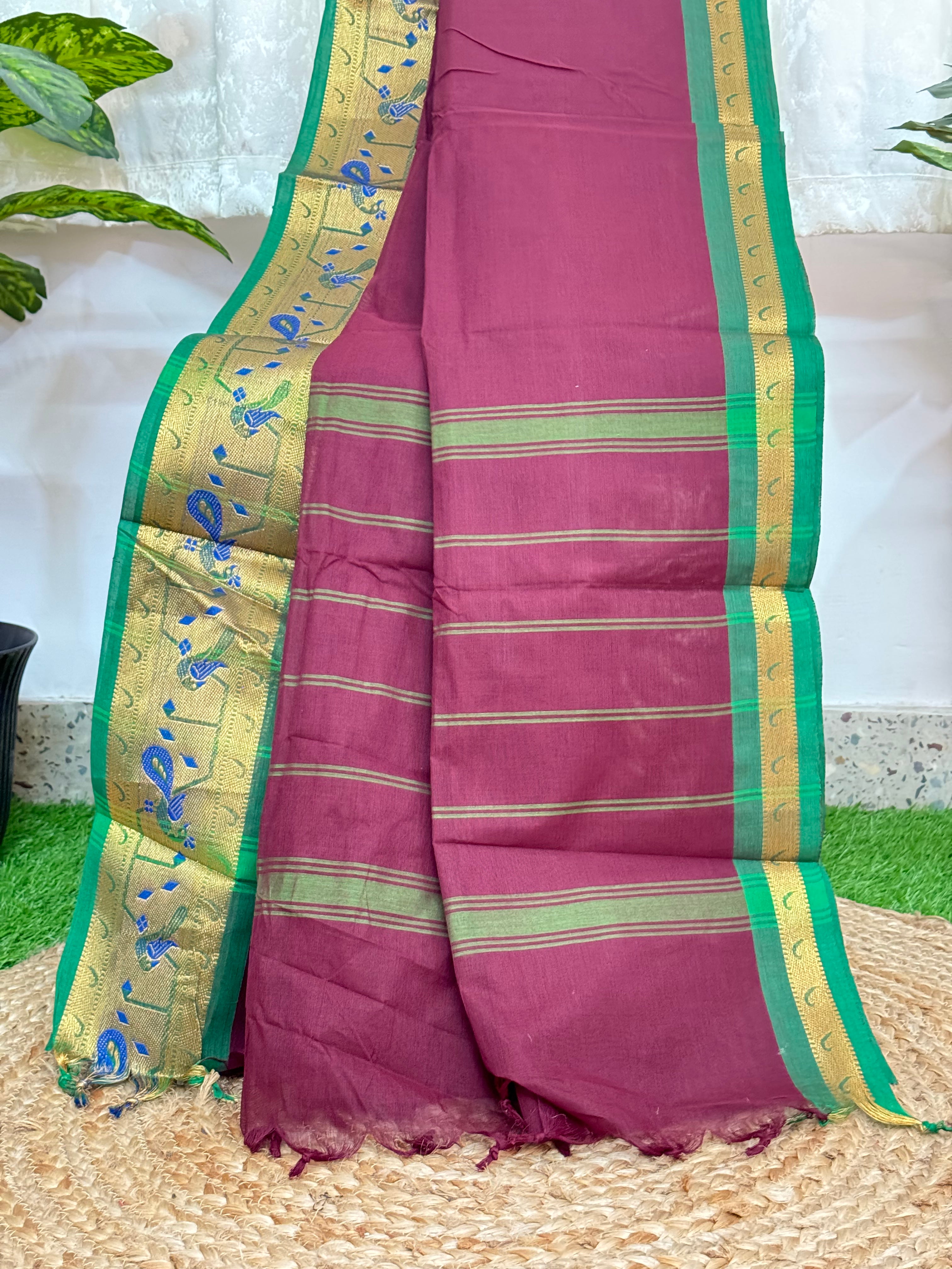 Maroon and Green Paithani Border Chettinadu Cotton Saree