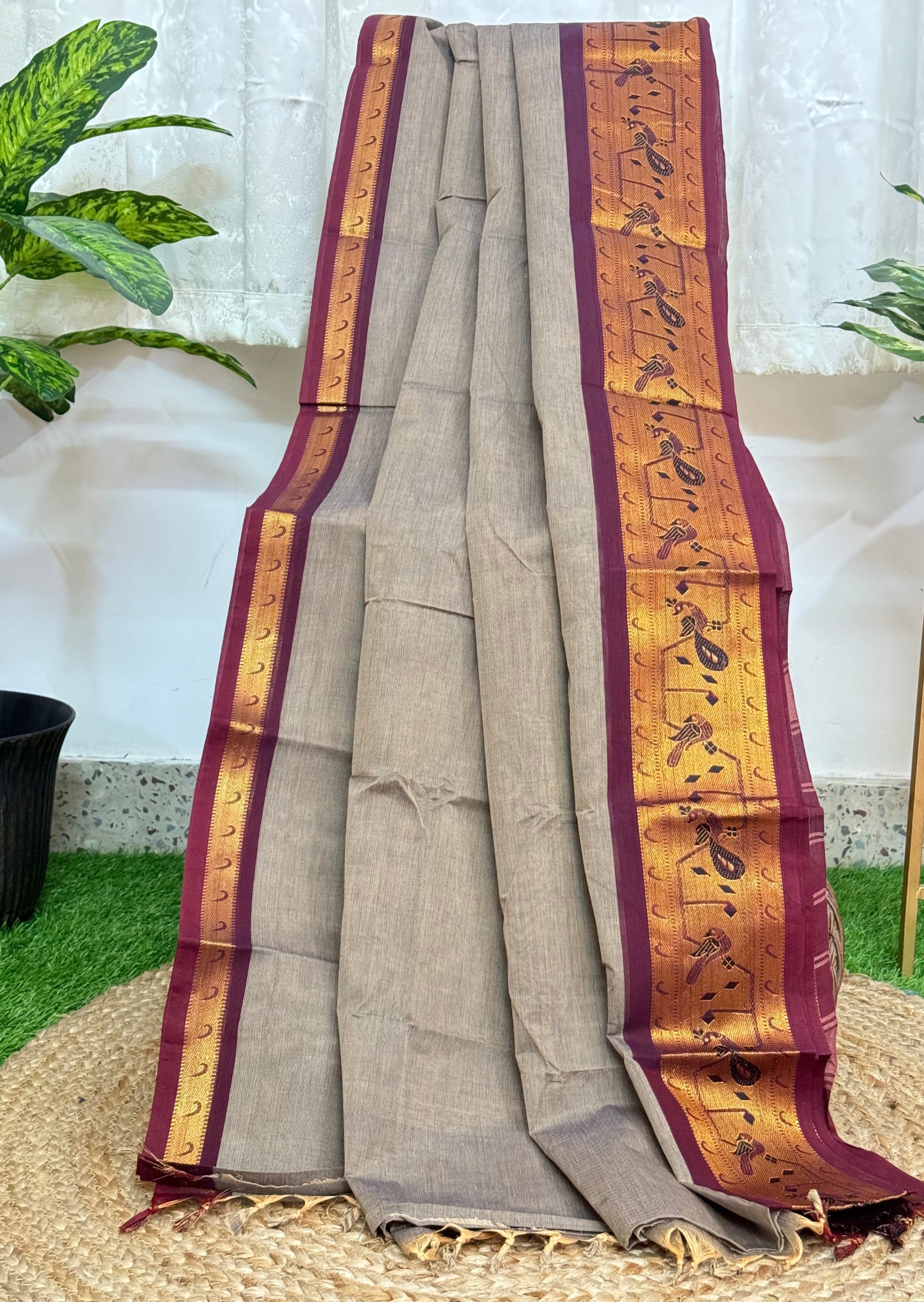 Elephant Grey Paithani Border Chettinadu Cotton Saree