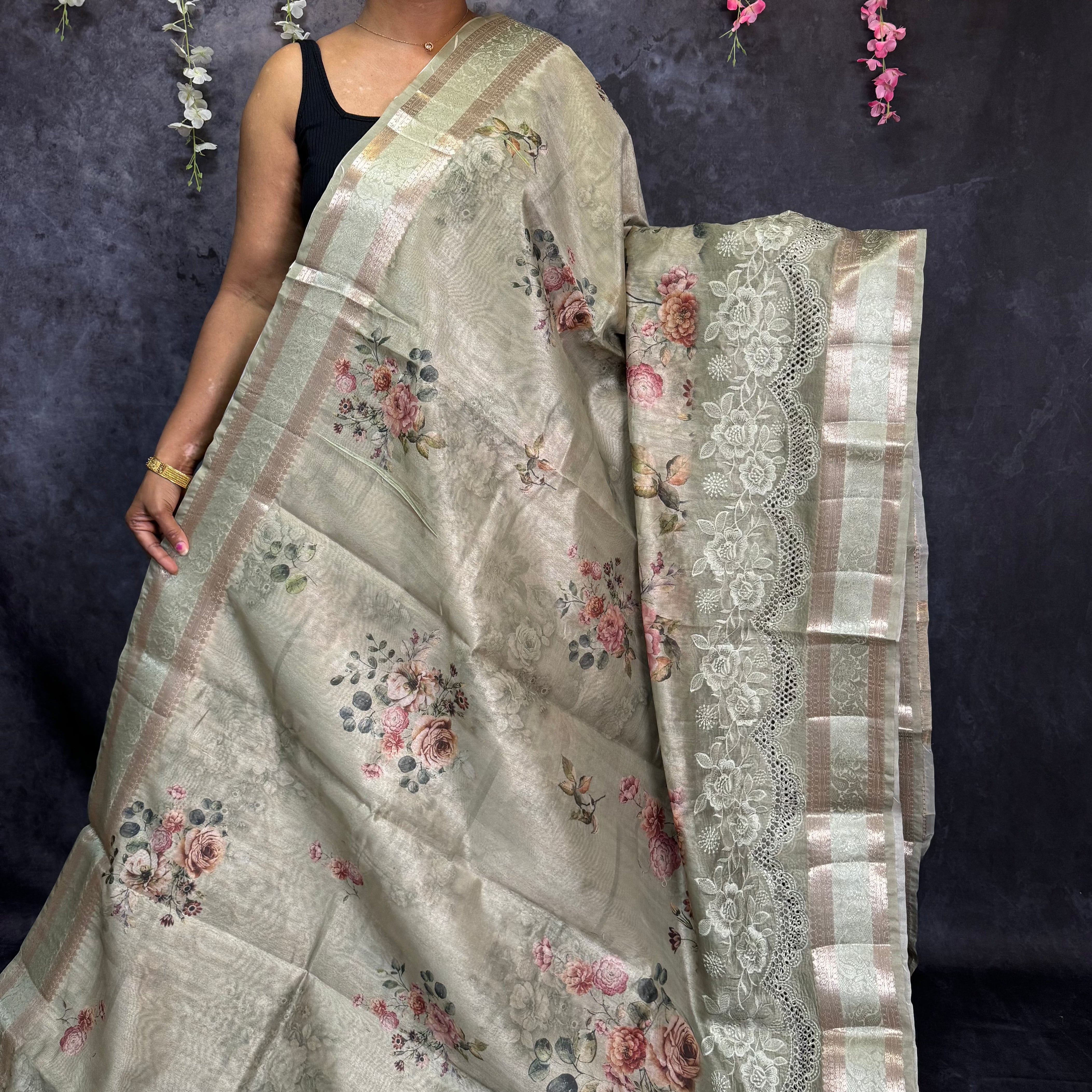 Light Sea Blue Banarasi Cut Work Embroidery Saree