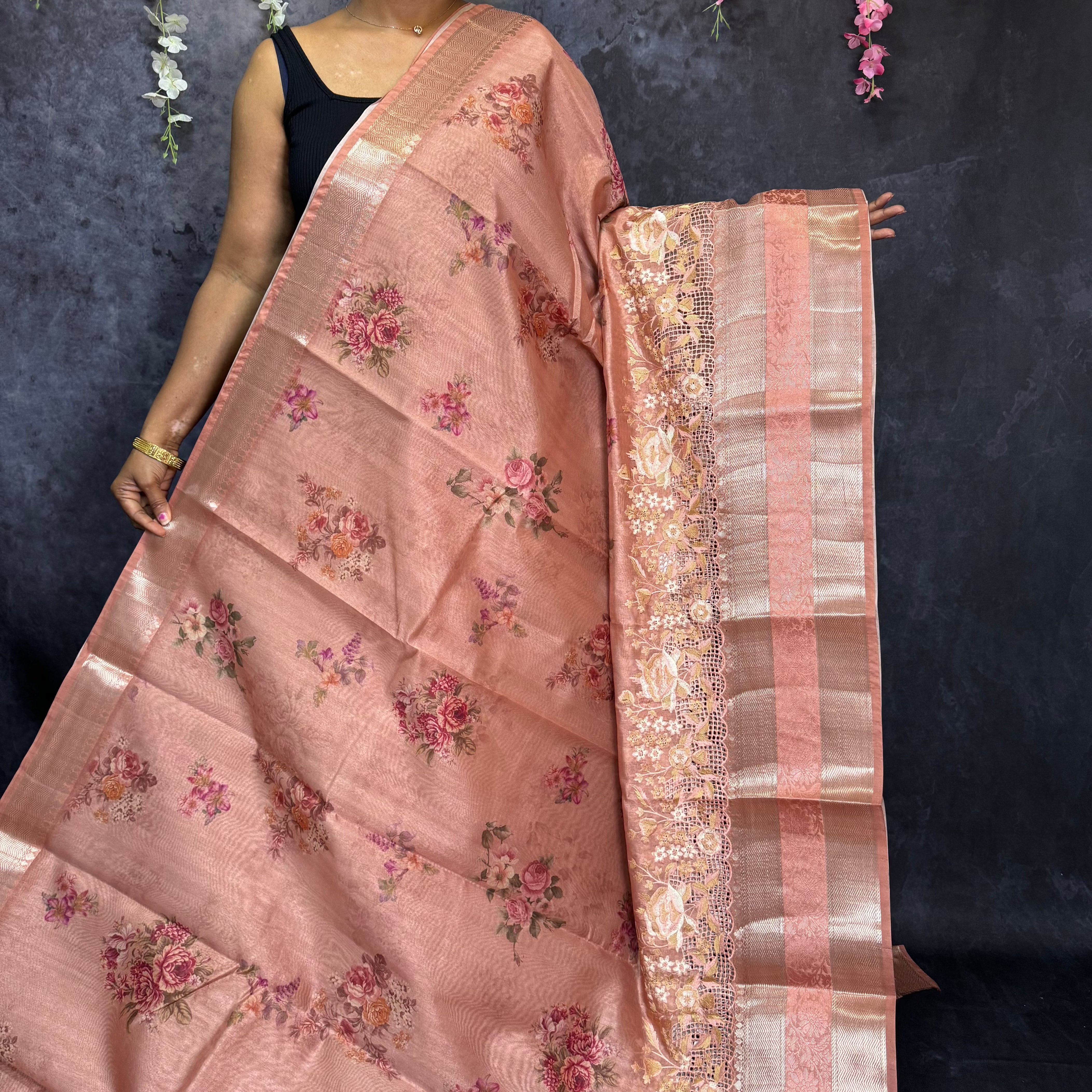 Light Pastel Peach Banarasi Cut Work Embroidery Saree