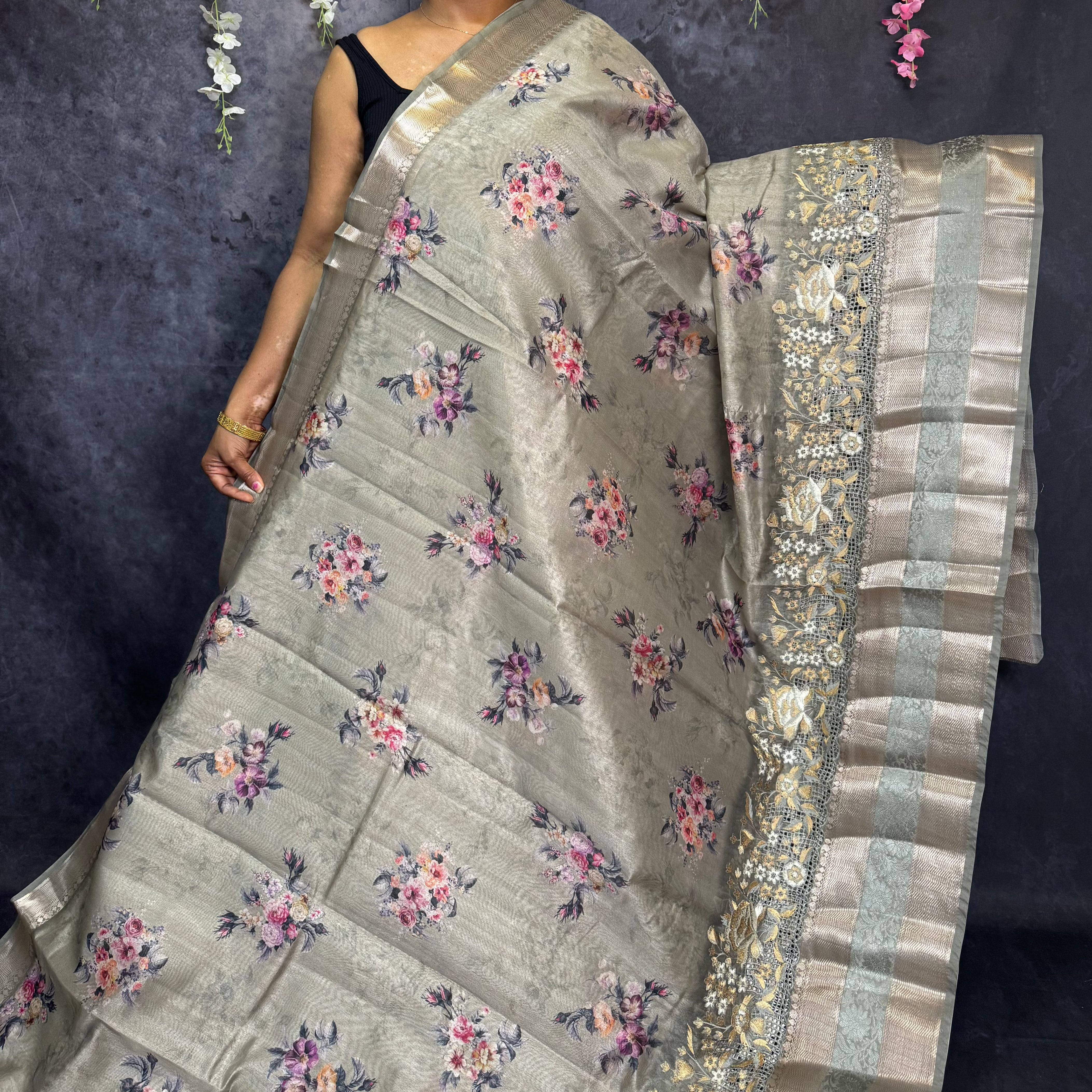 Light Elephant Grey Banarasi Cut Work Embroidery Saree