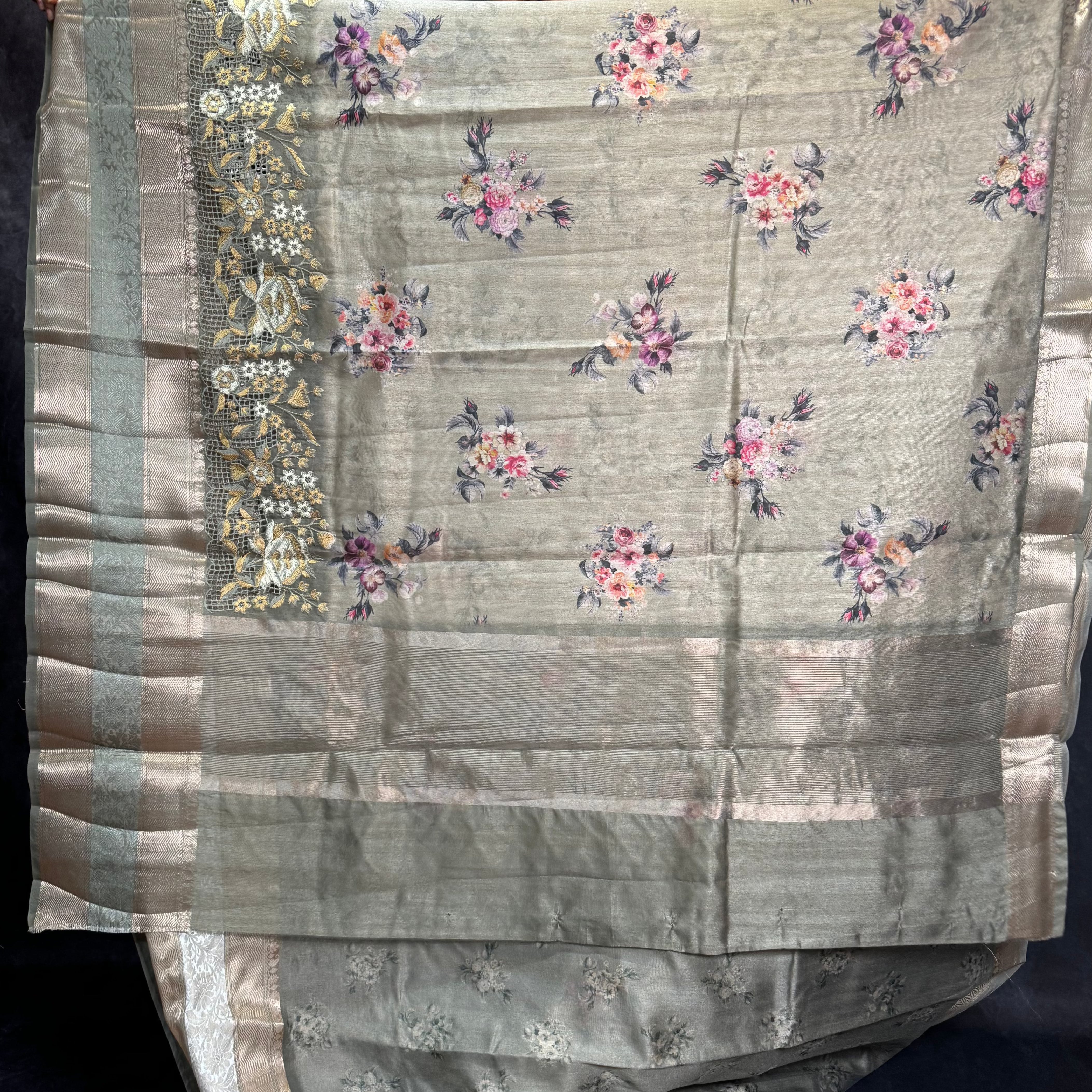 Light Elephant Grey Banarasi Cut Work Embroidery Saree