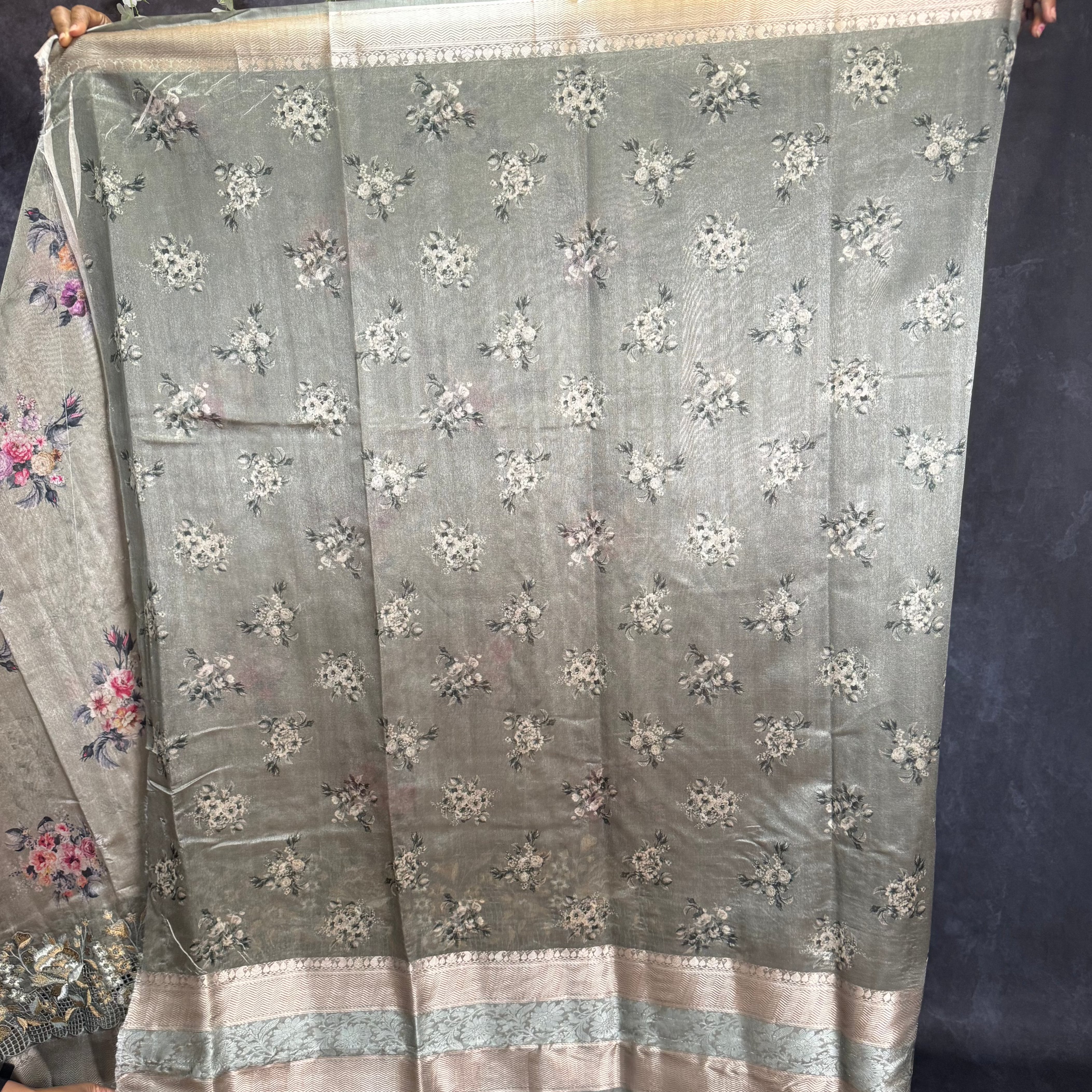 Light Elephant Grey Banarasi Cut Work Embroidery Saree