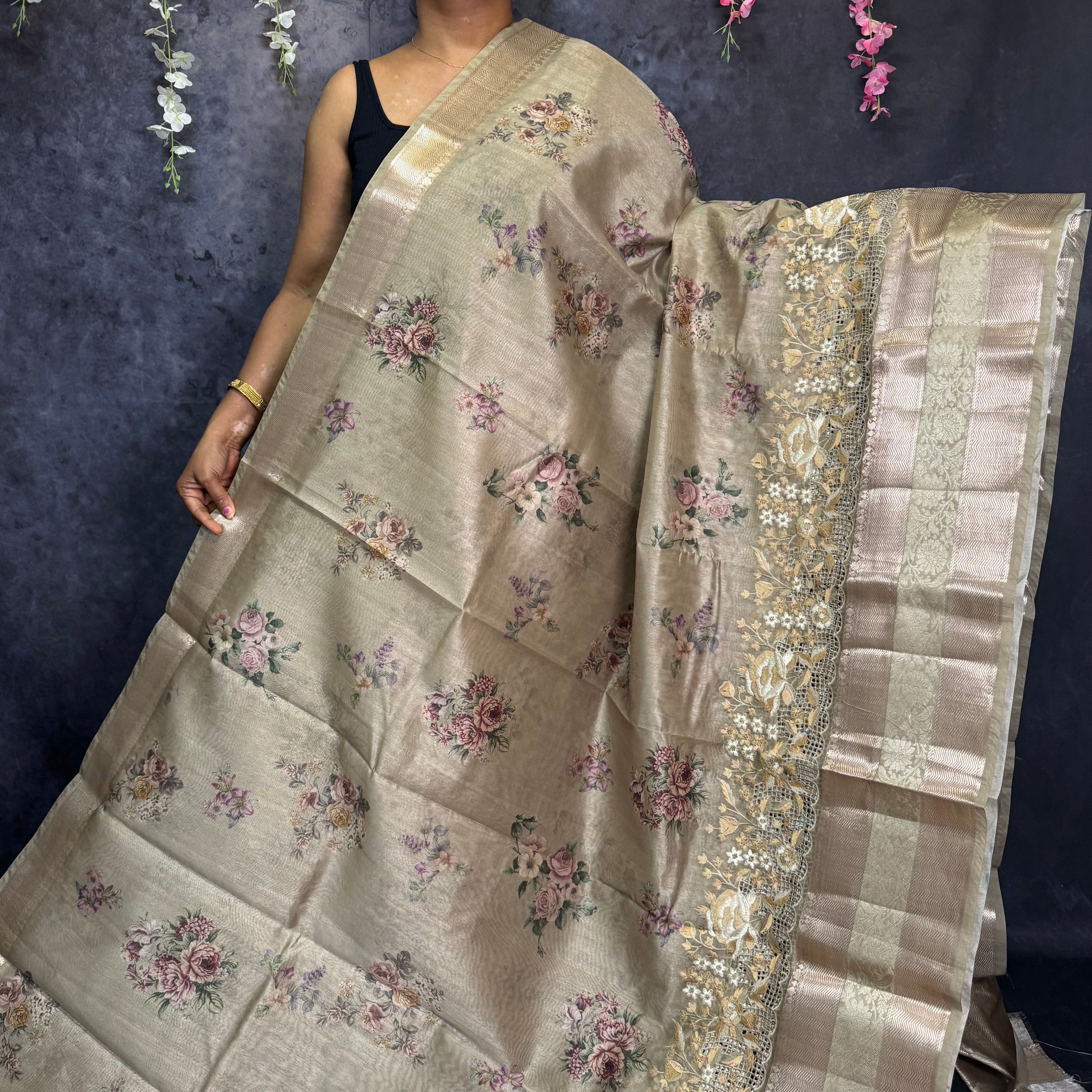 Light Smokey Green Banarasi Cut Work Embroidery Saree