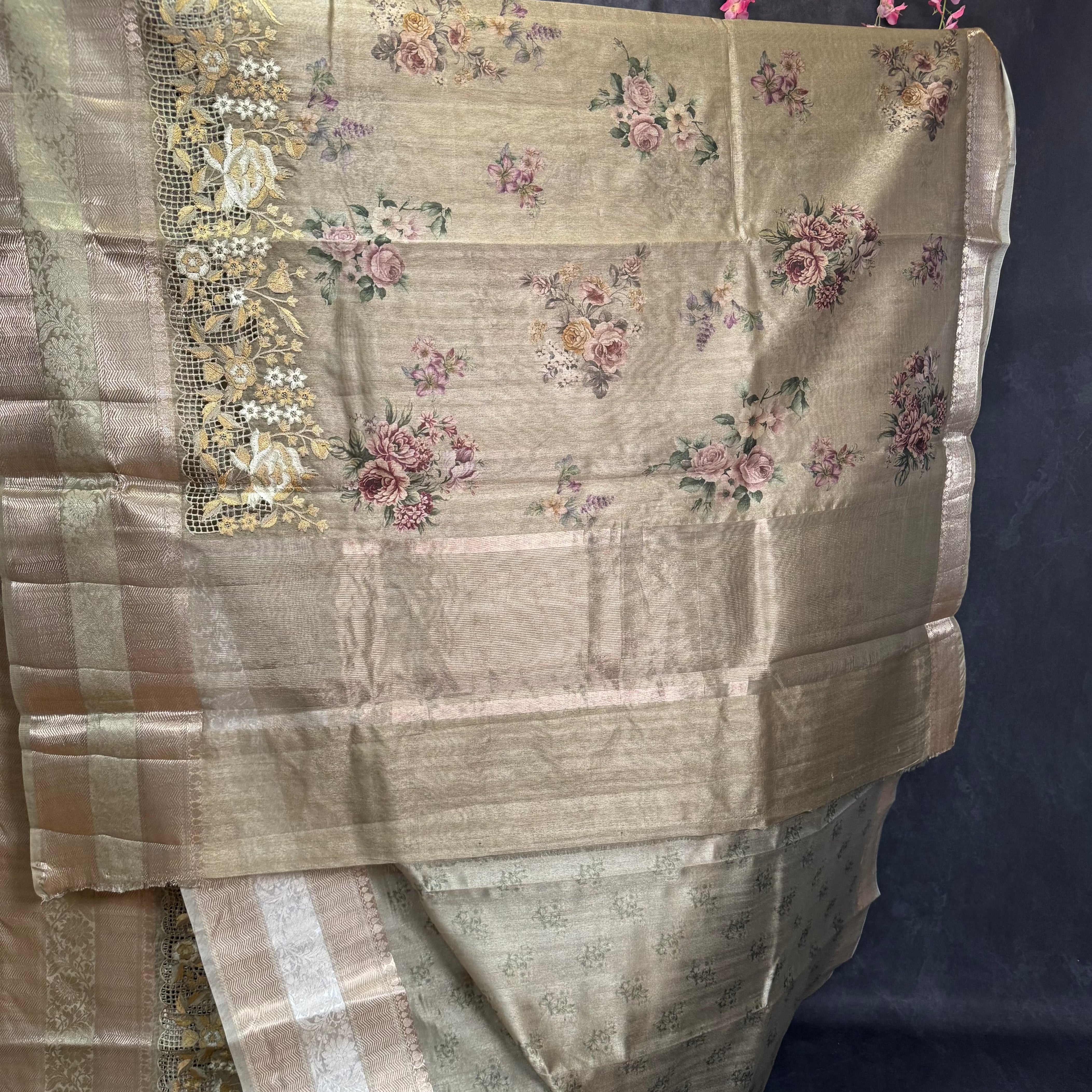 Light Smokey Green Banarasi Cut Work Embroidery Saree