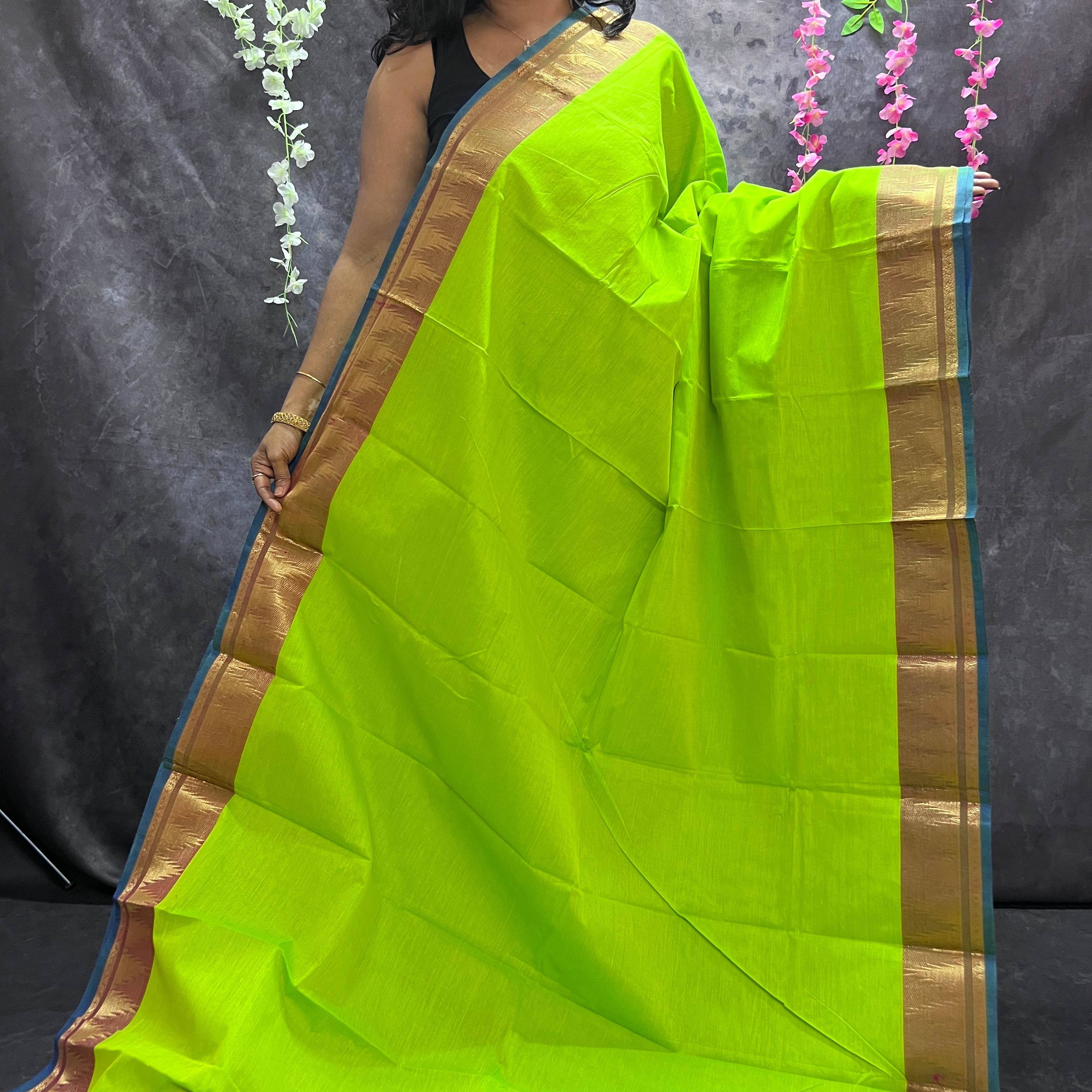 Parrot Green Chettinadu cotton saree