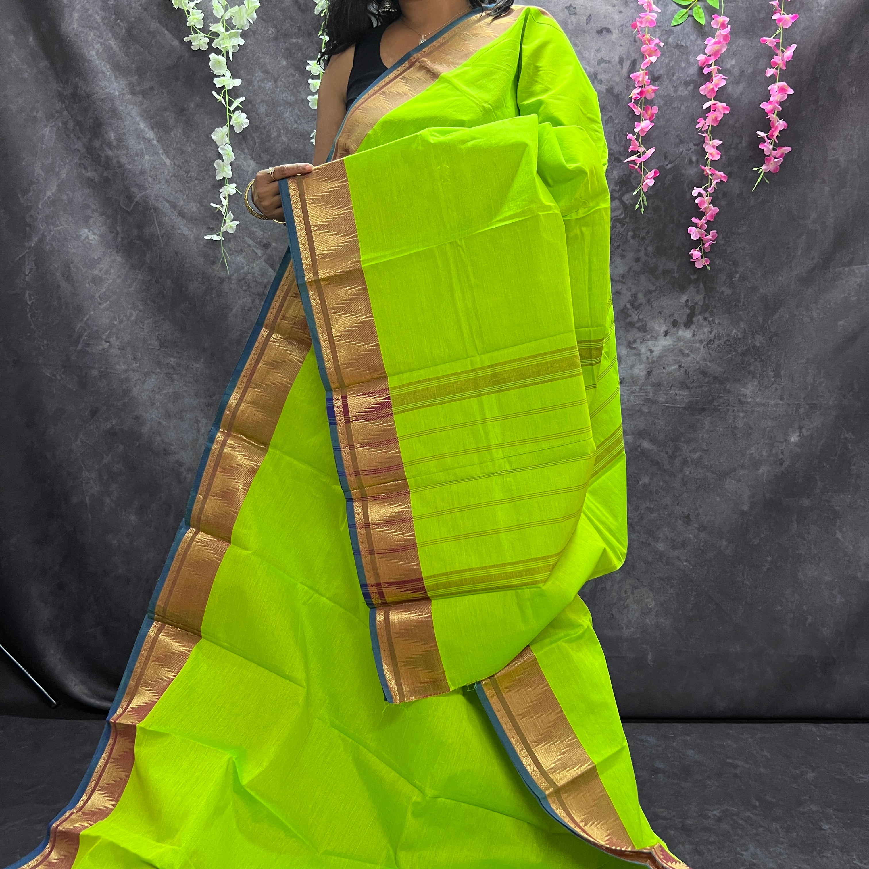 Parrot Green Chettinadu cotton saree