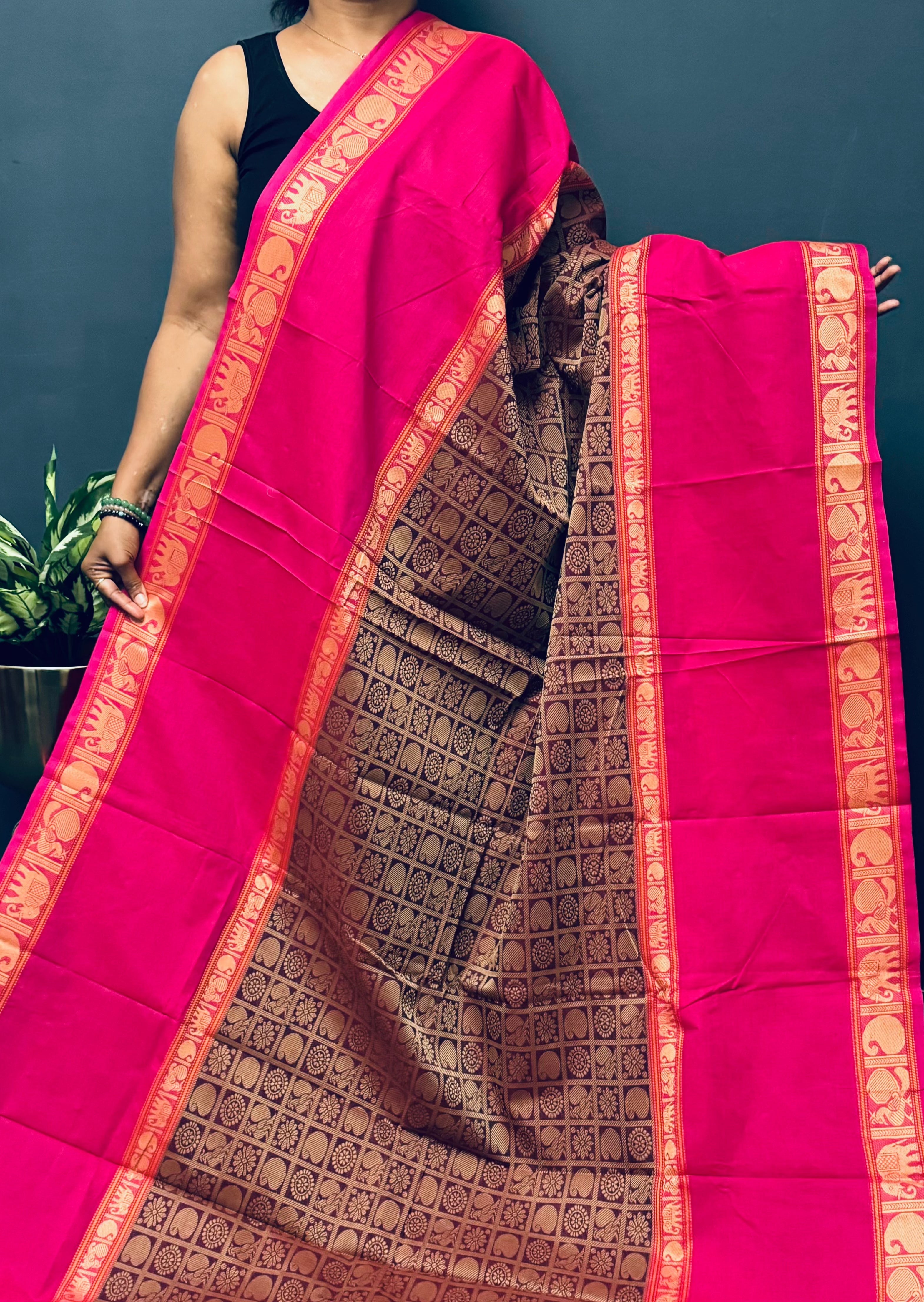 Brown and Pink Vanasingaram Cotton Saree