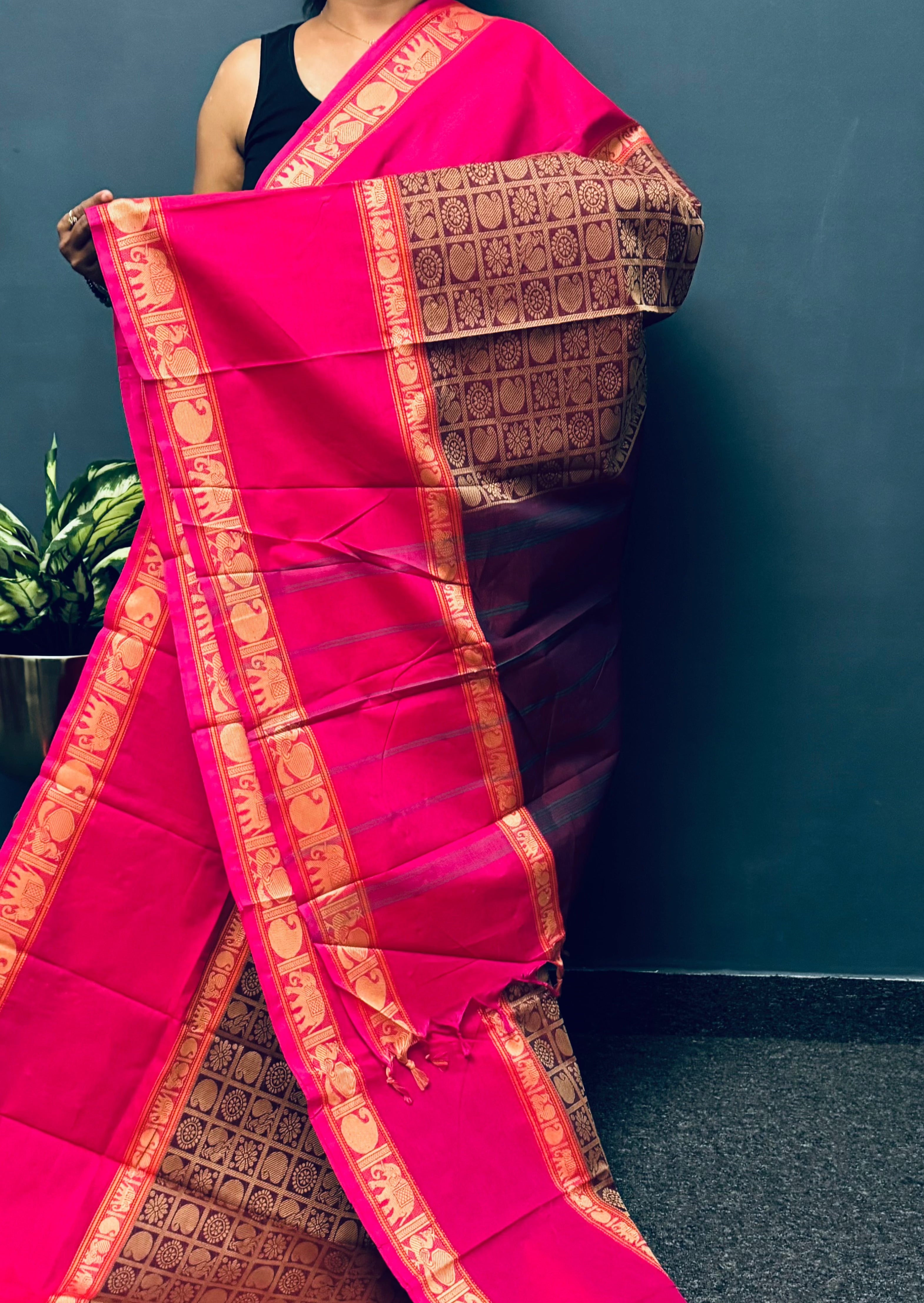 Brown and Pink Vanasingaram Cotton Saree