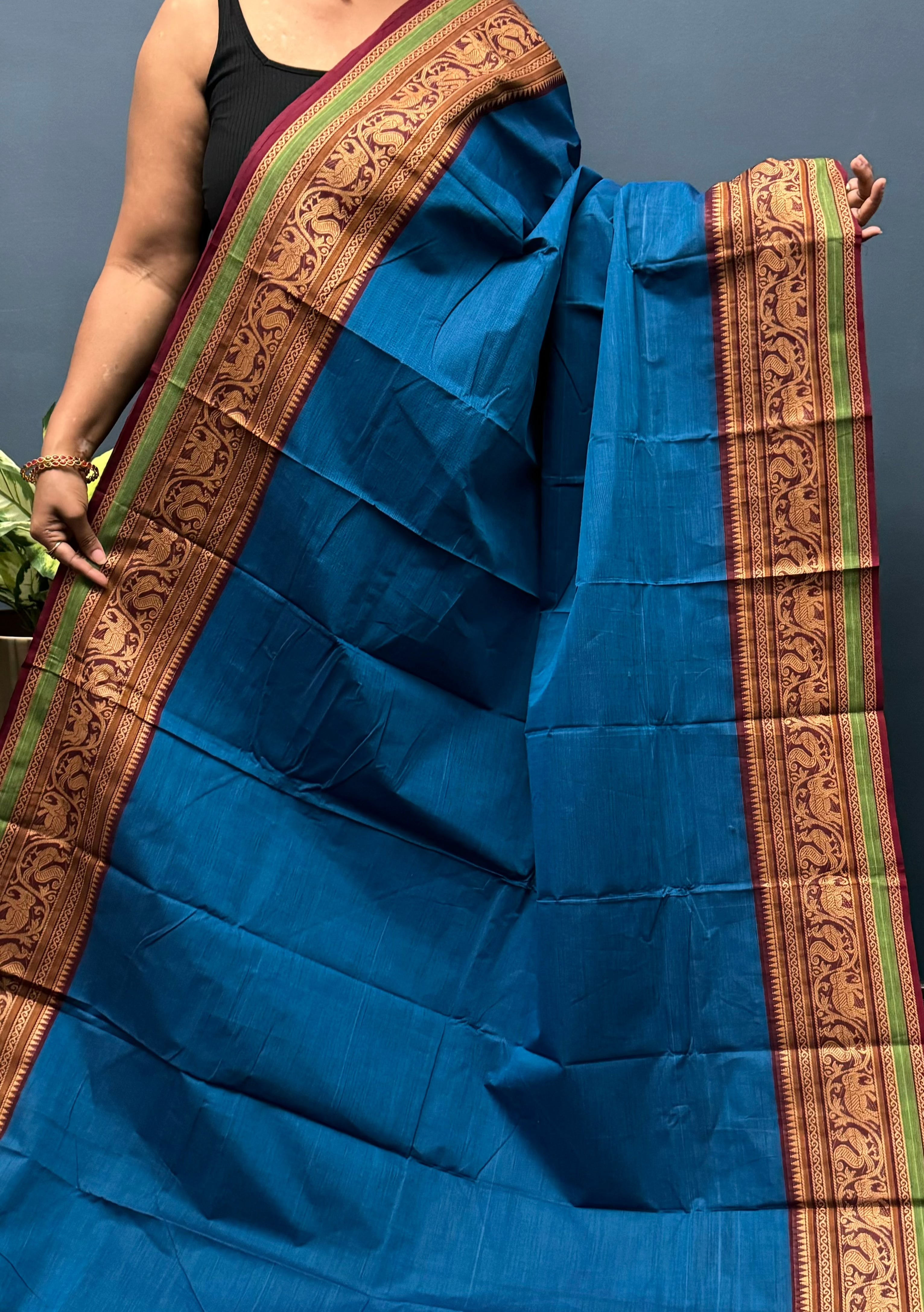 Blue and Vanasingaram Border Chettinadu Cotton Saree