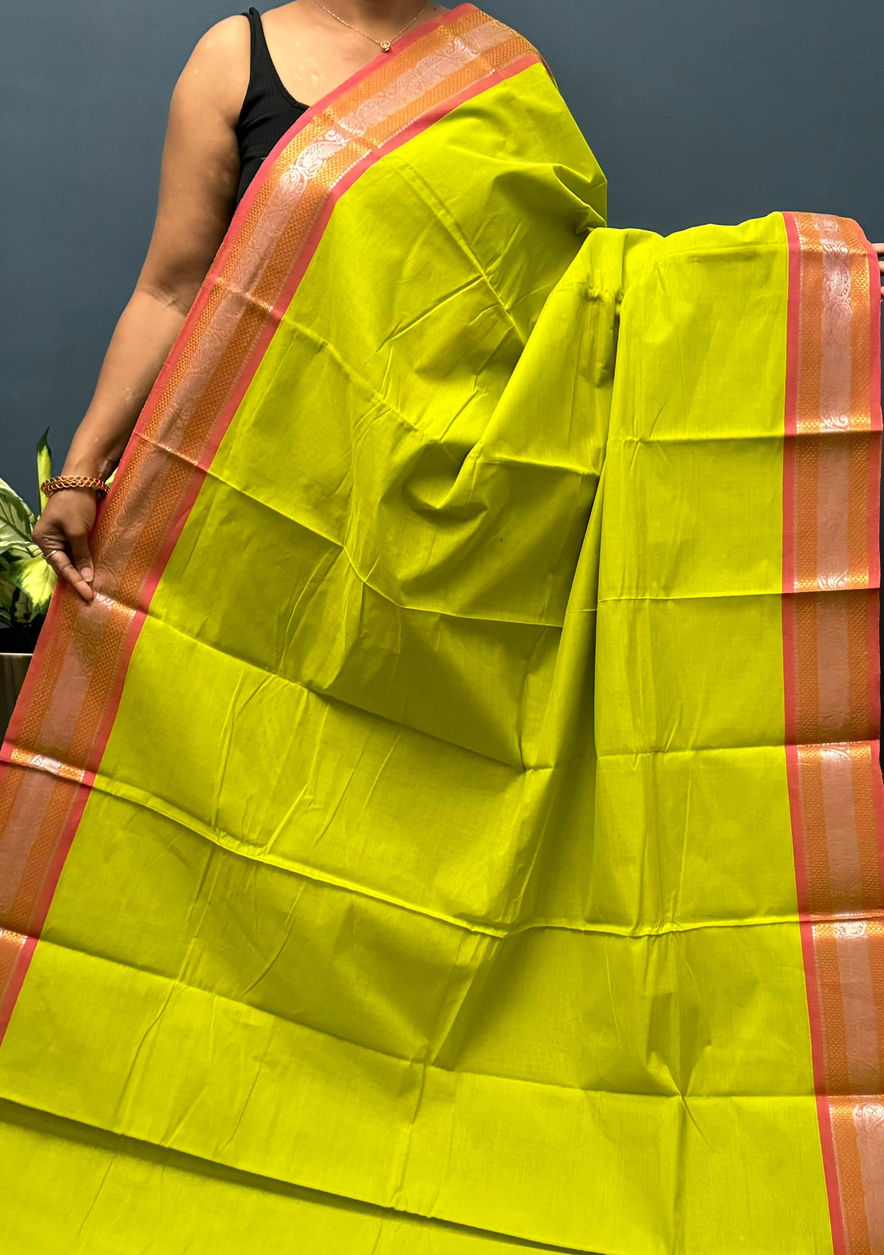 Lime Yellow Silver Border Chettinadu Cotton Saree