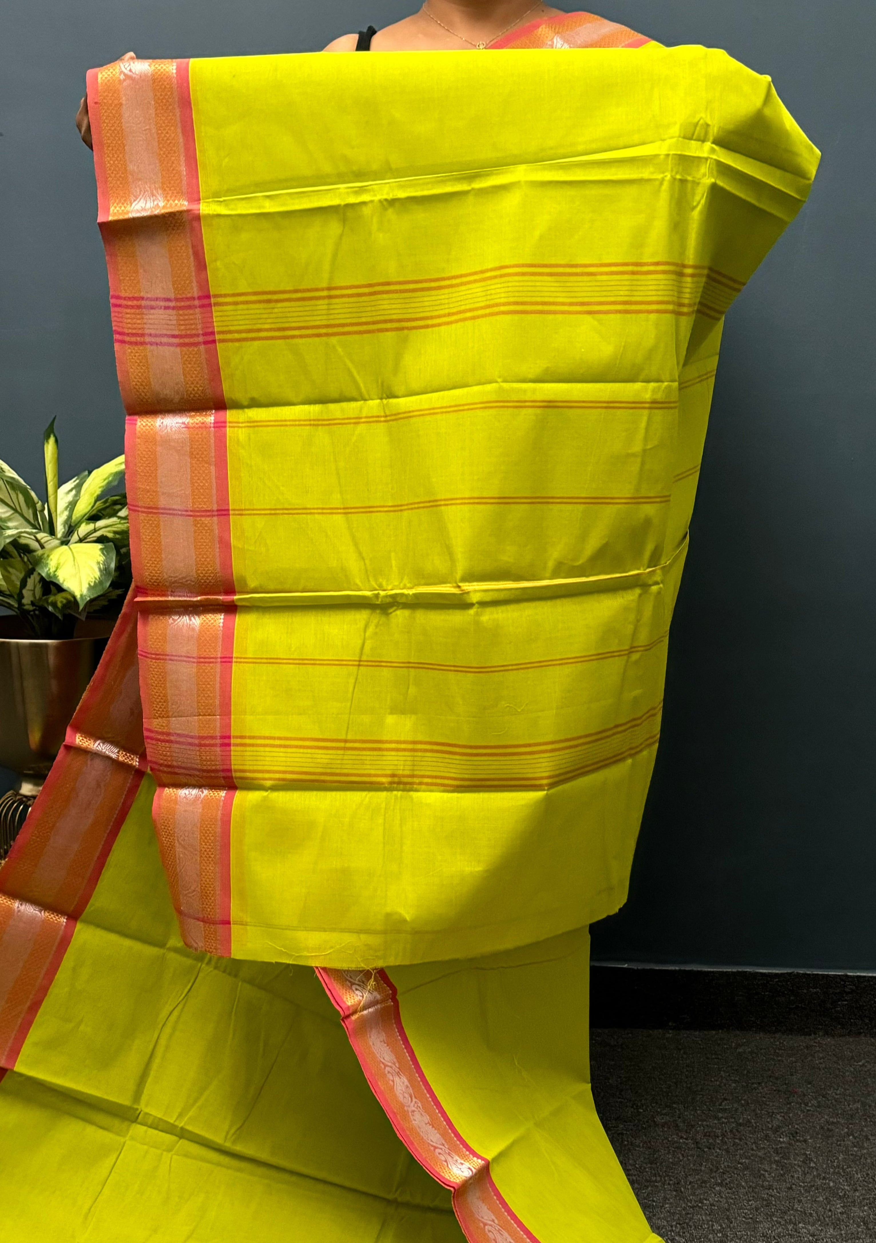 Lime Yellow Silver Border Chettinadu Cotton Saree