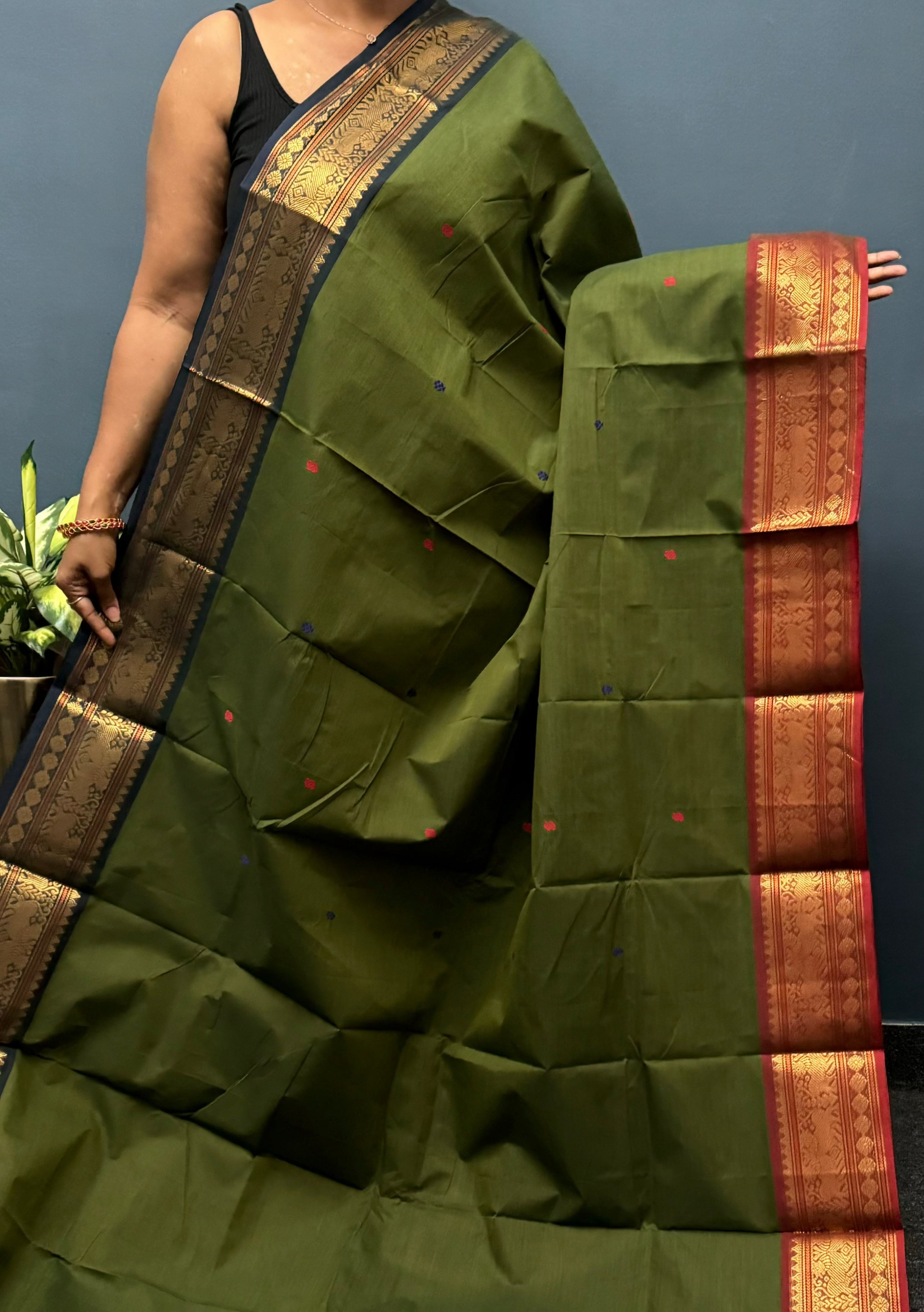 Army Green Ganga Jamuna Chettinadu Cotton Saree