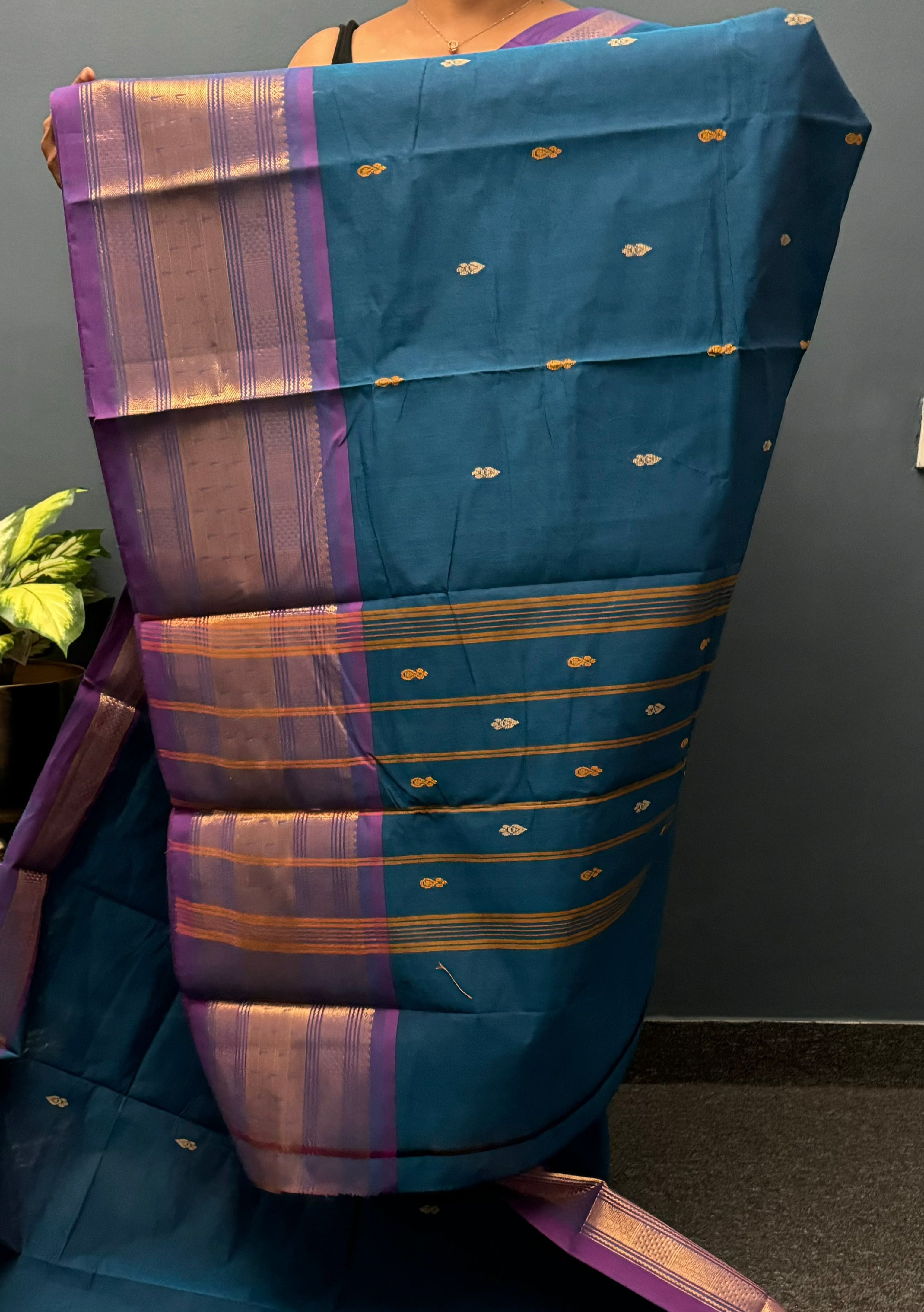 Peacock Green and Purple Chettinadu Cotton Saree