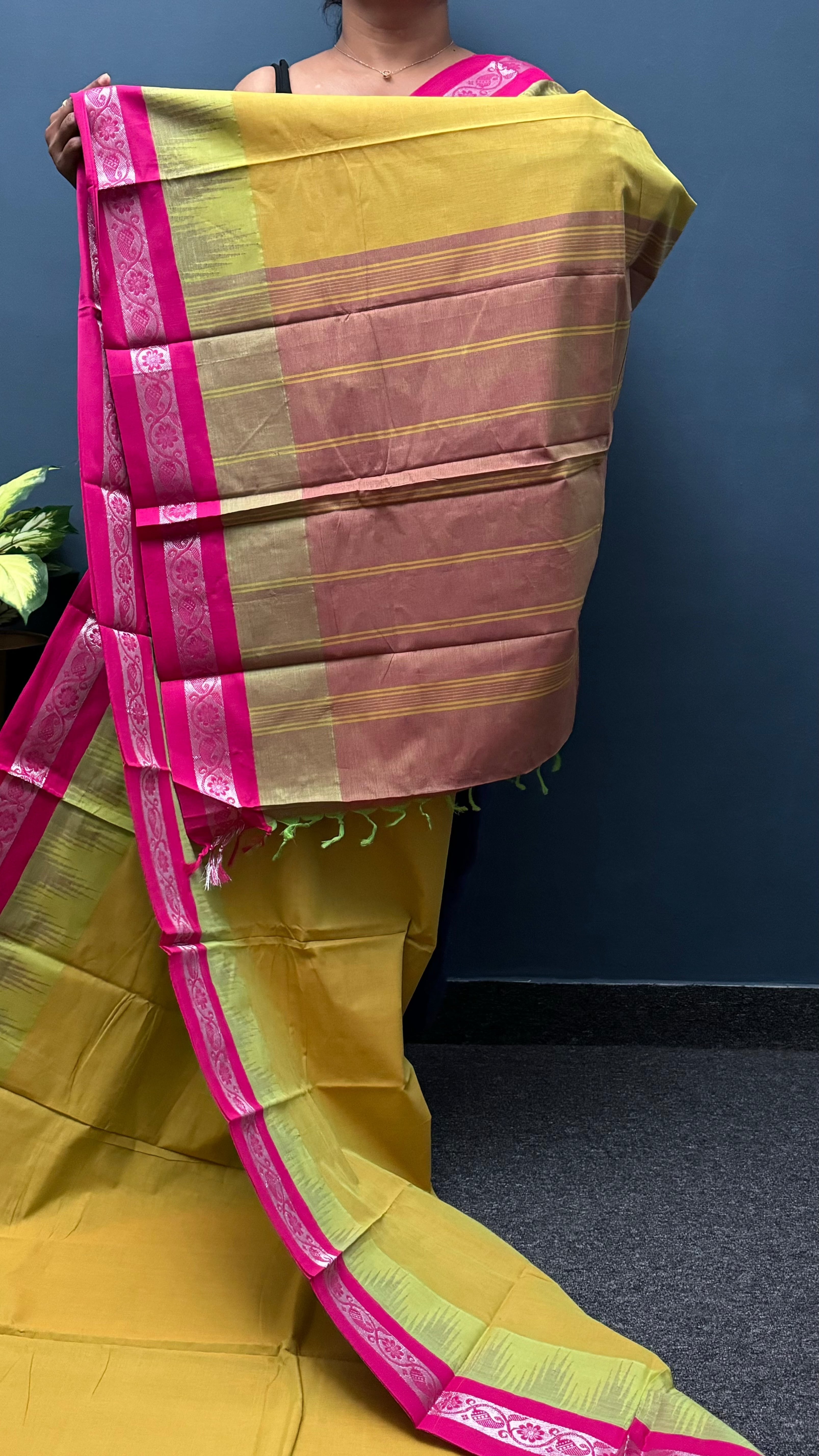 Yellow and Pink Thazhampoo Korvai Chettinadu Cotton Saree