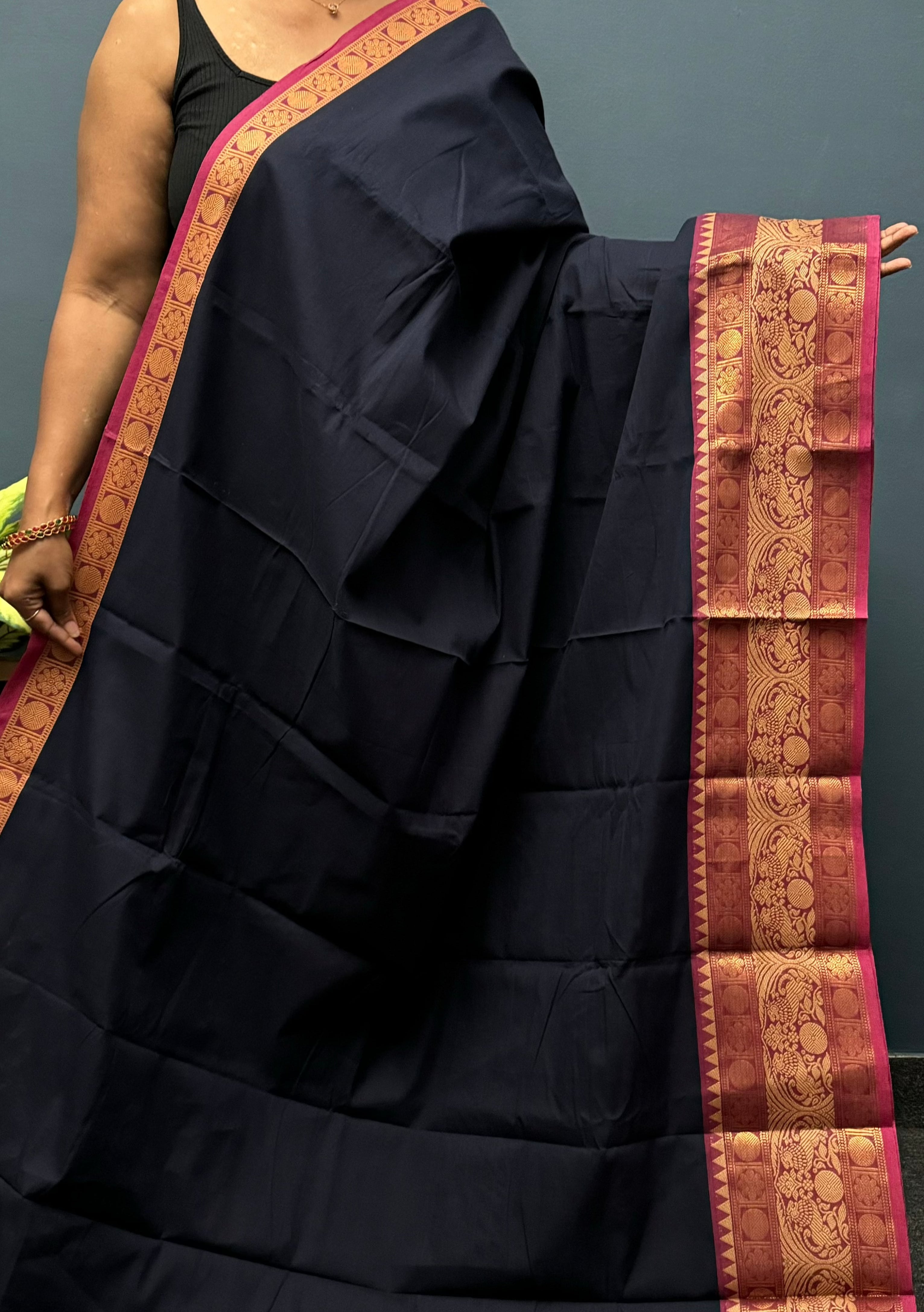 Navy Blue Vanasingaram Cotton Saree