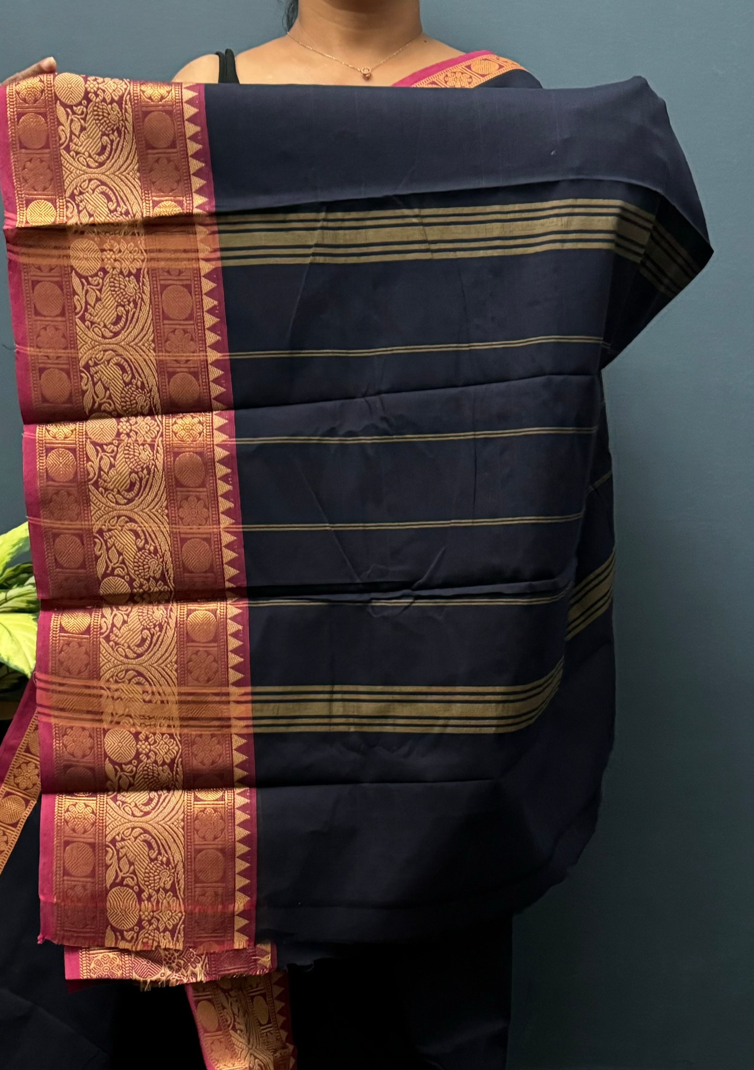 Navy Blue Vanasingaram Cotton Saree