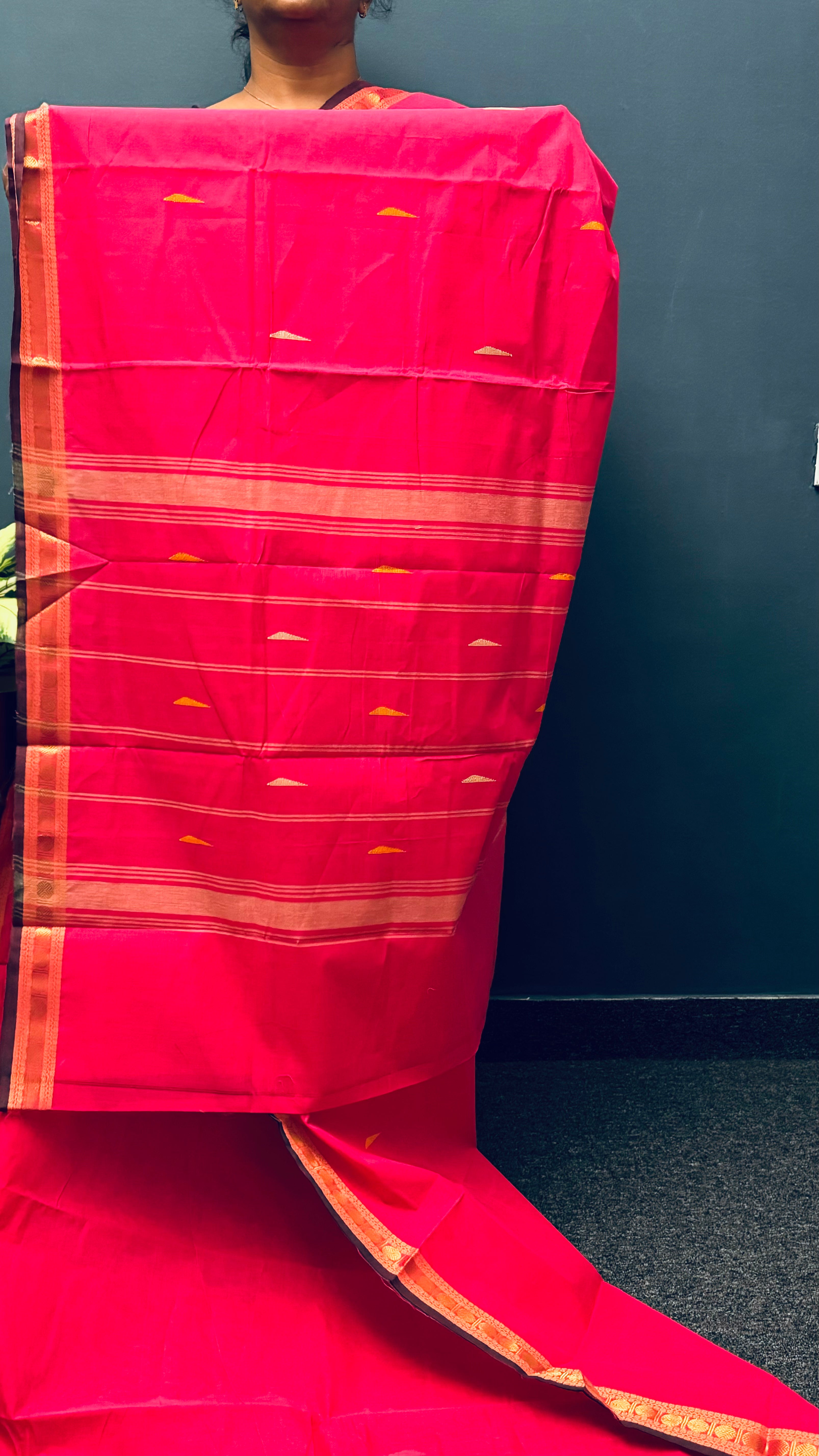 Tomato Pink Small Border Chettinadu Cotton Saree