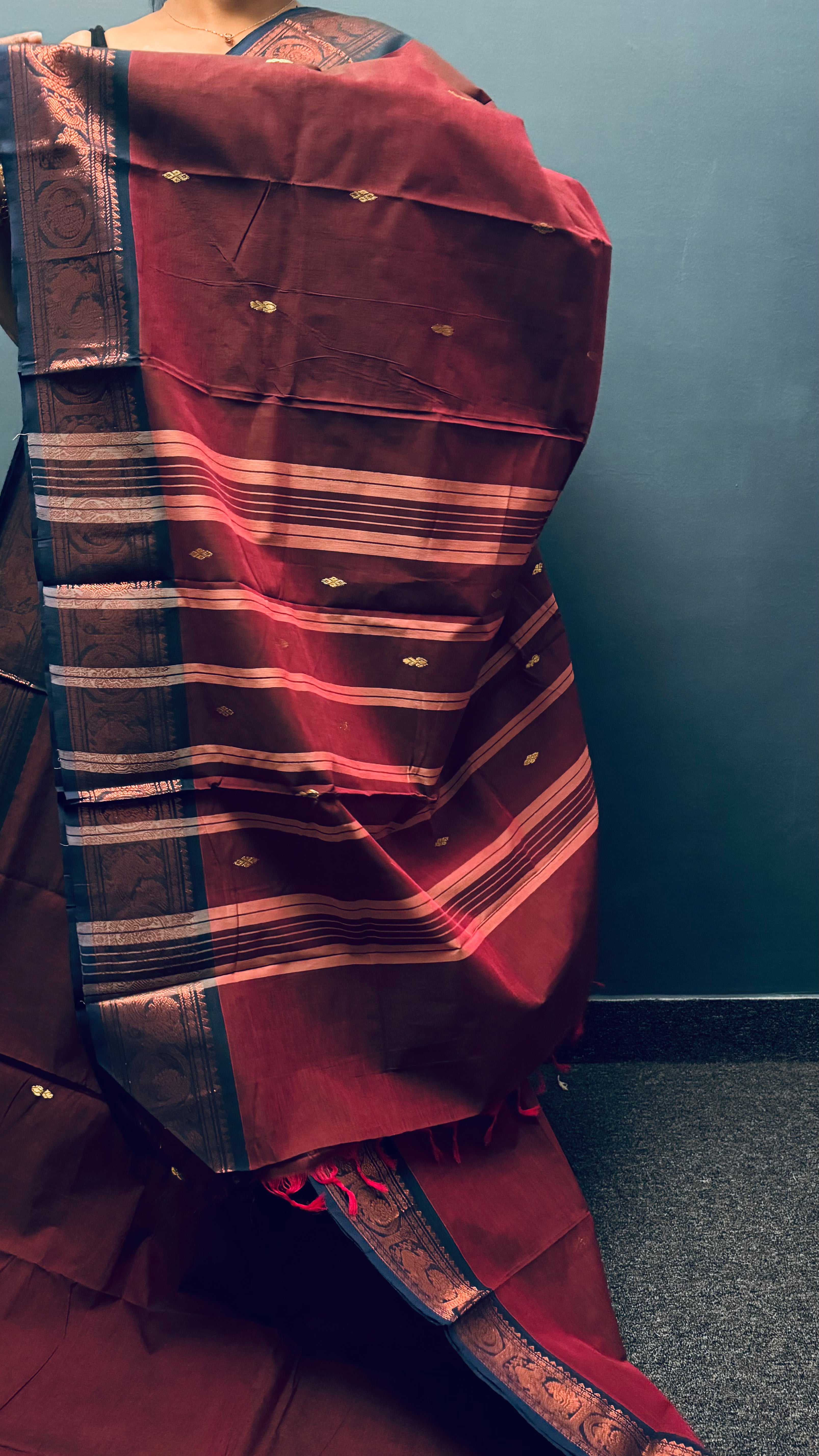 Brown and blue classic cotton saree