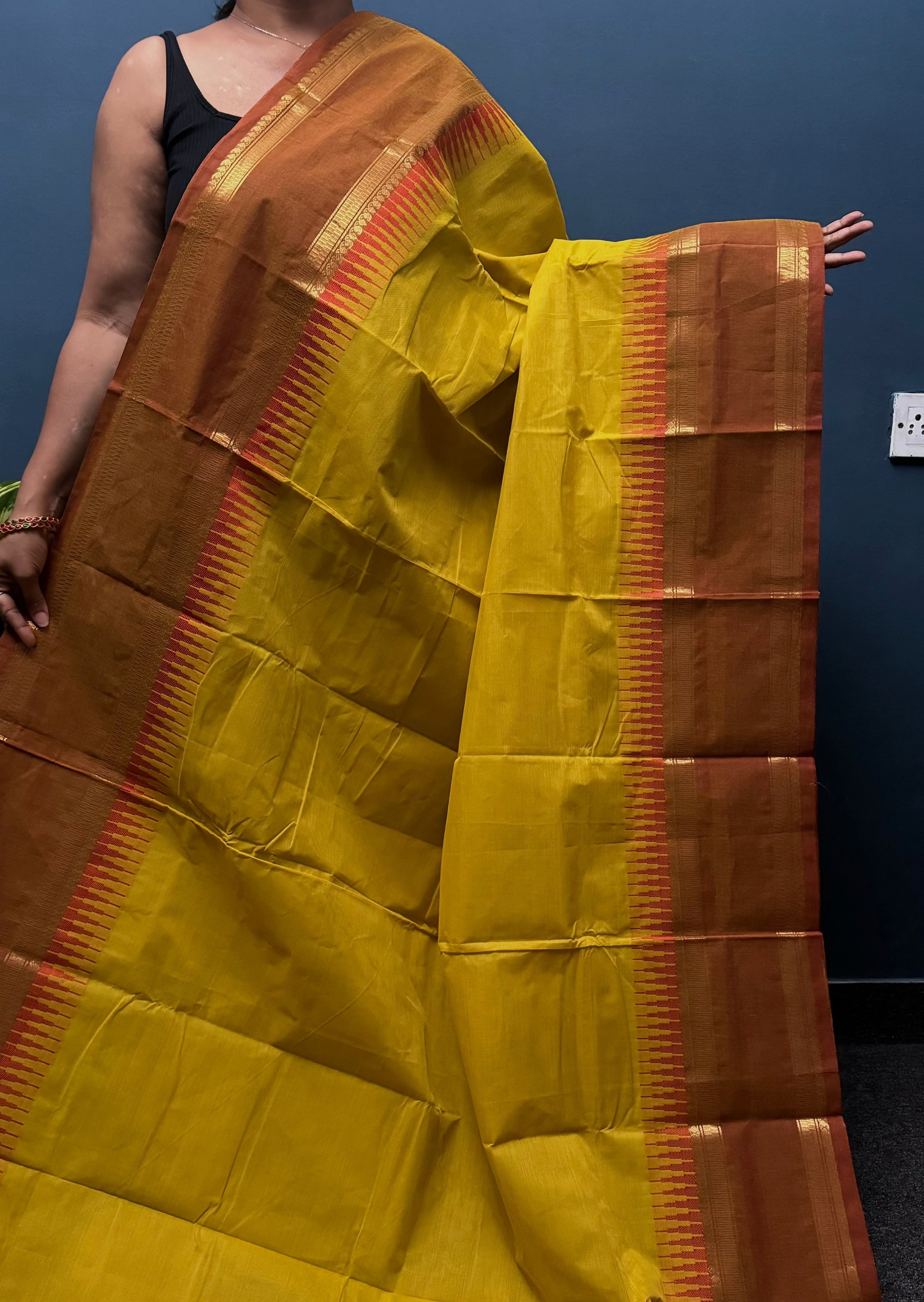 Mustard and Brown Retta Pettu Cotton Saree