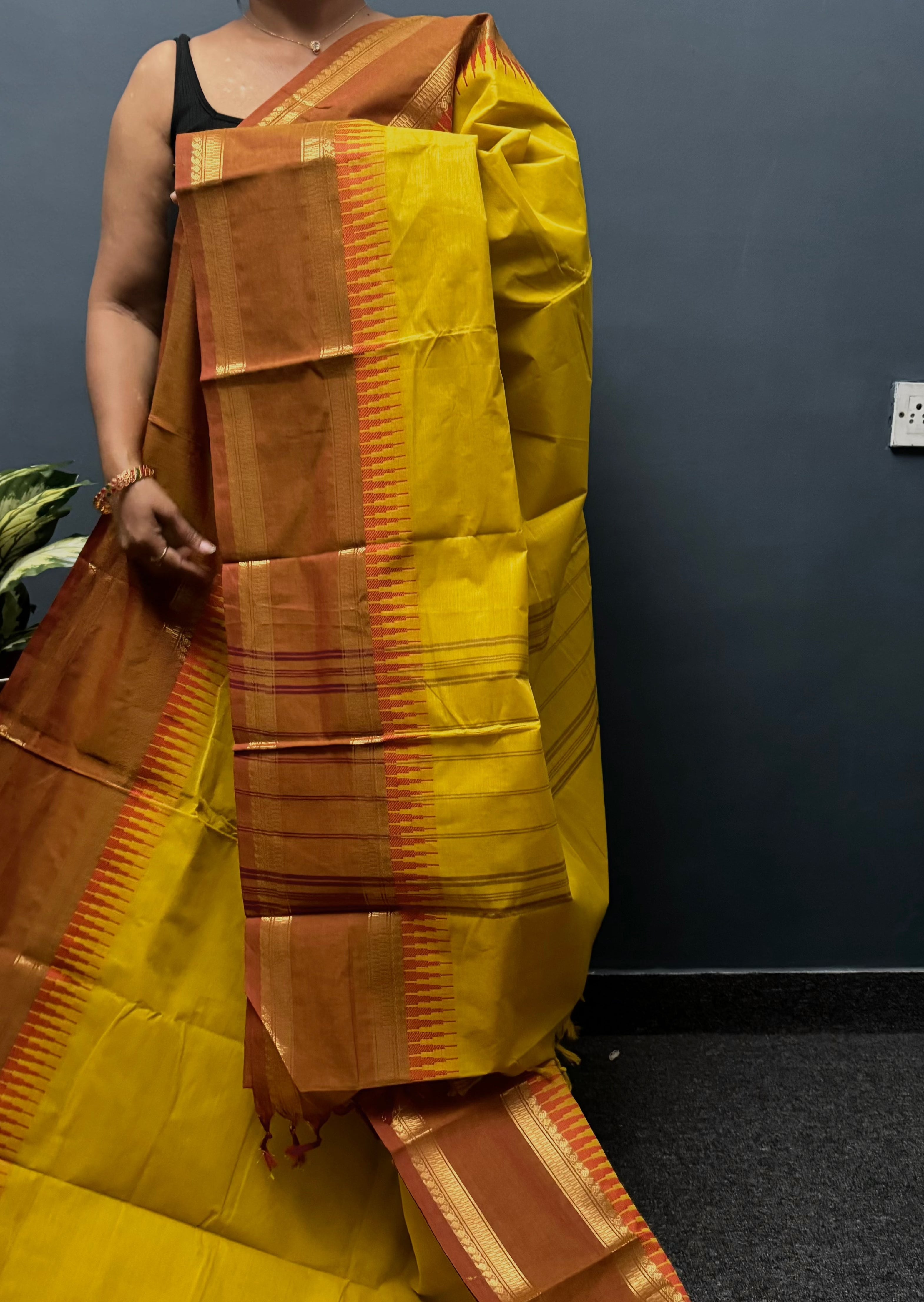 Mustard and Brown Retta Pettu Cotton Saree