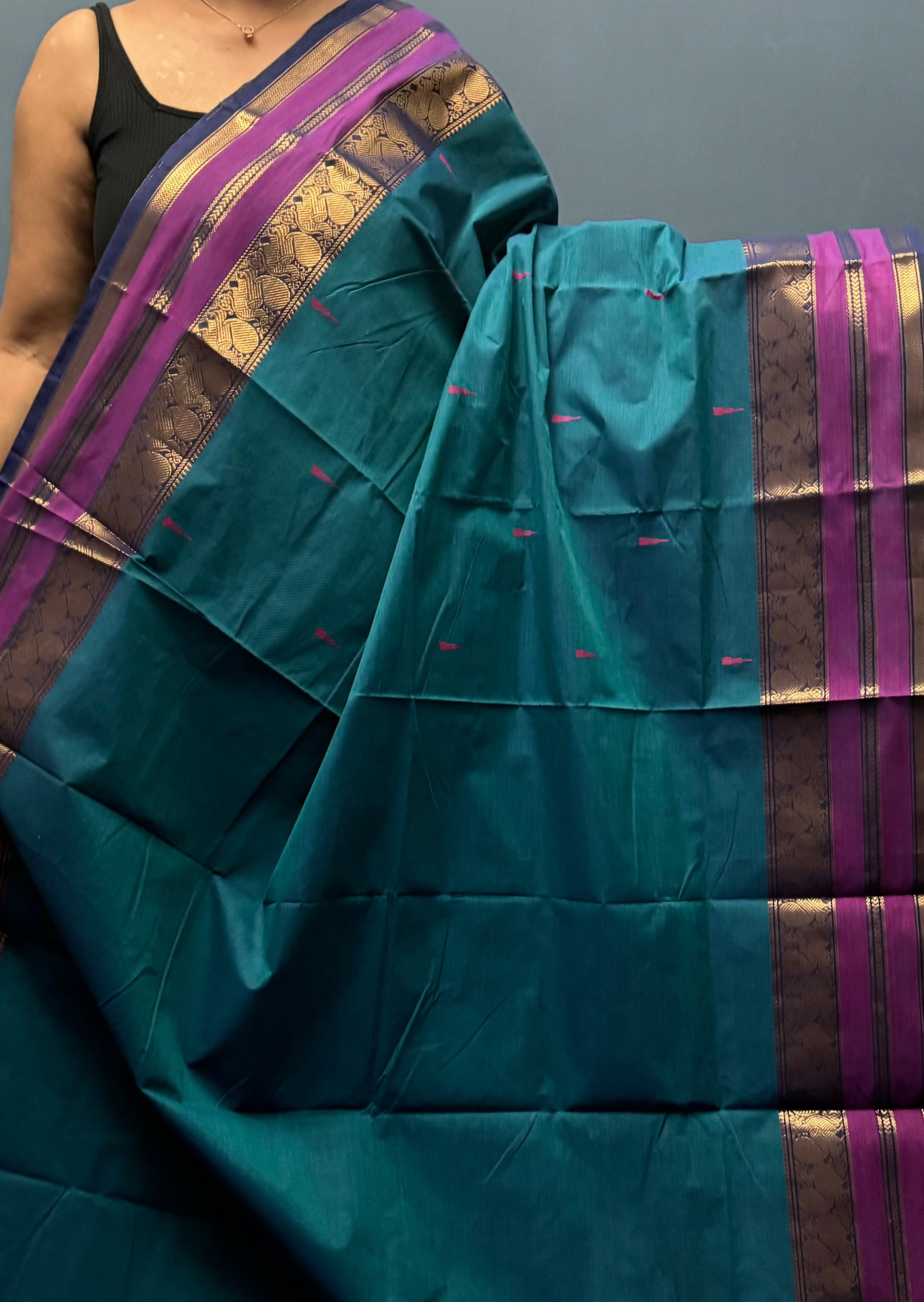 Peacock Blue and Majenta Cotton Saree