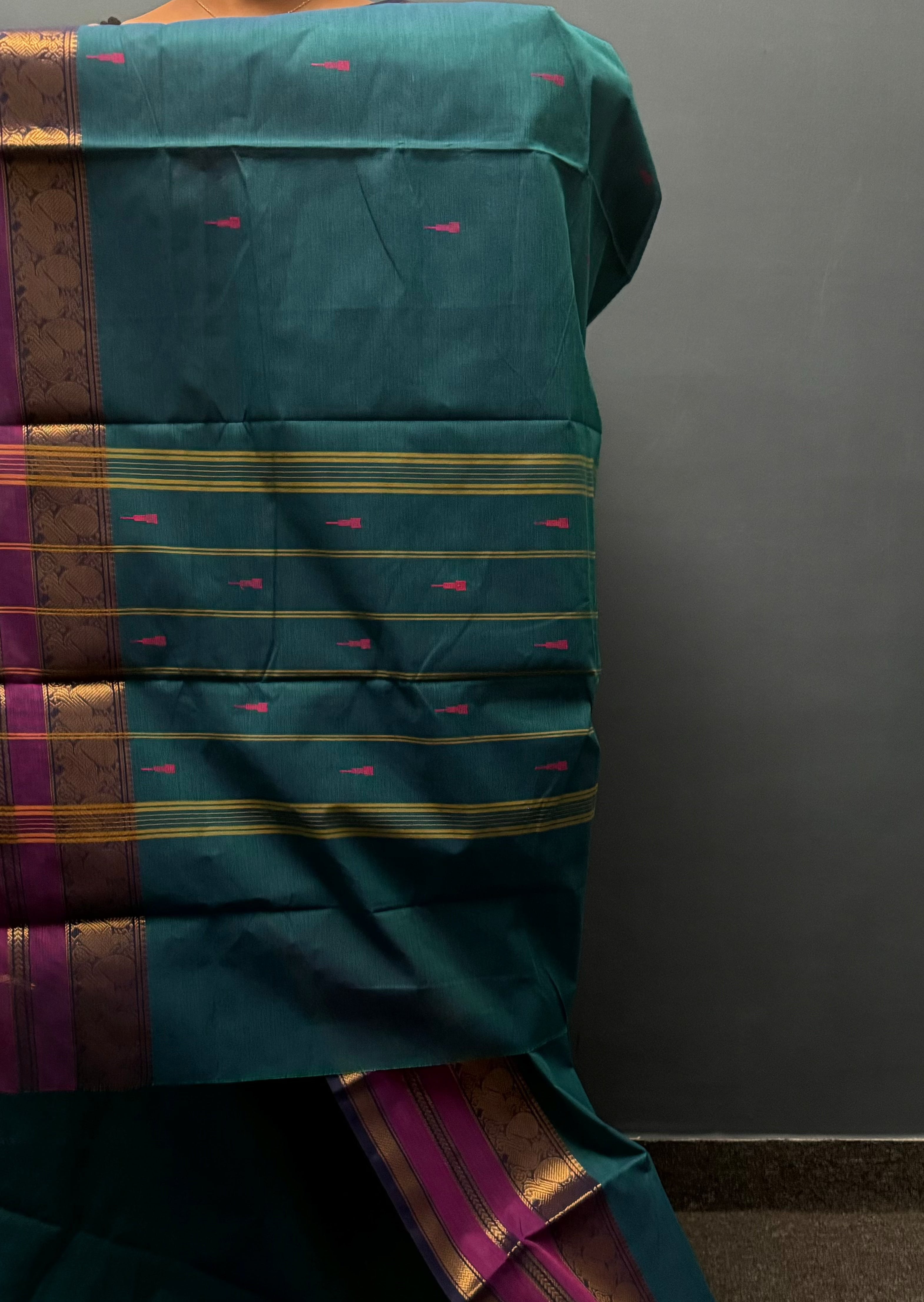 Peacock Blue and Majenta Cotton Saree