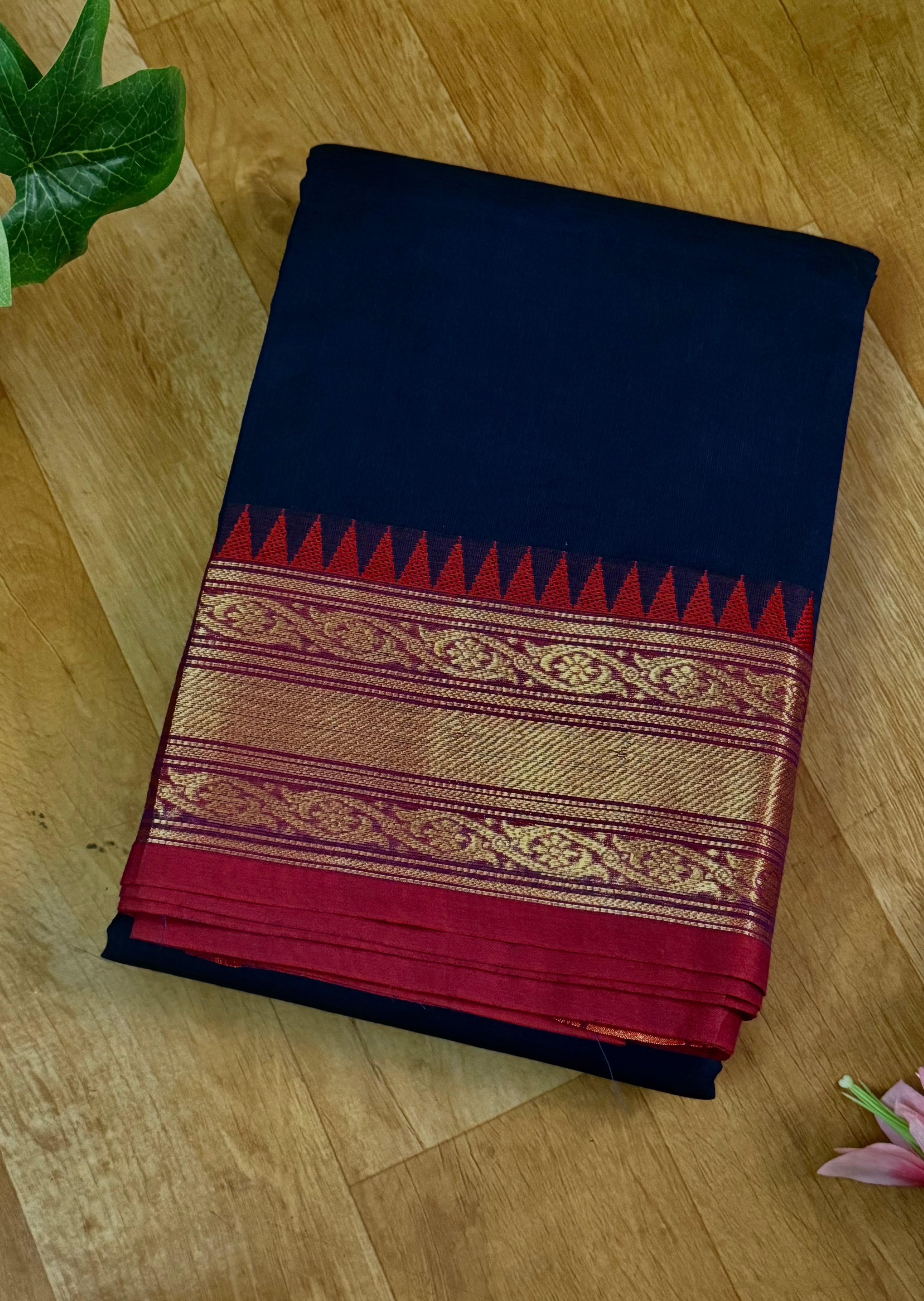 Ink Blue Temple Border Chettinadu Cotton Saree