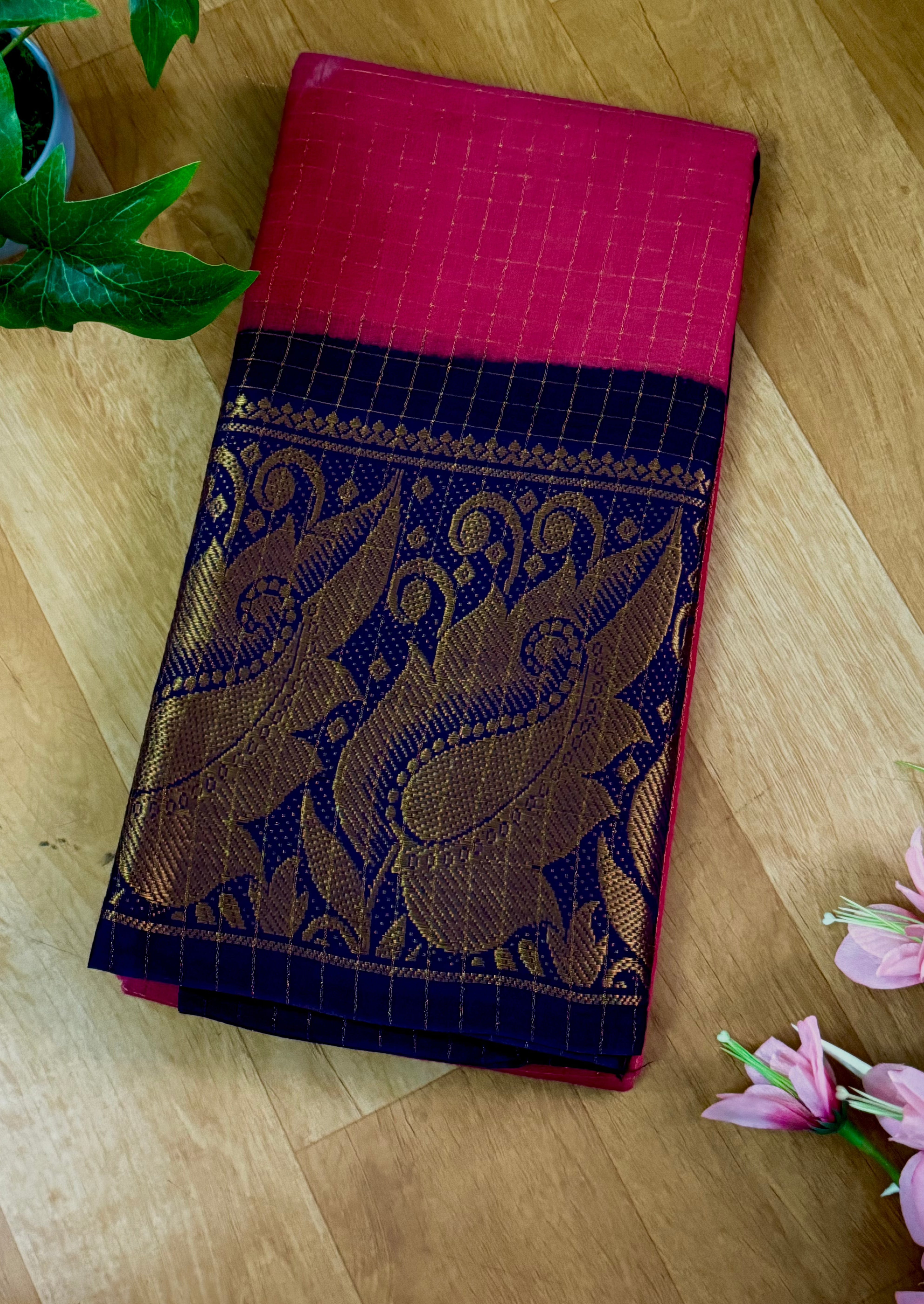 Pink Checked Sungudi Cotton Saree