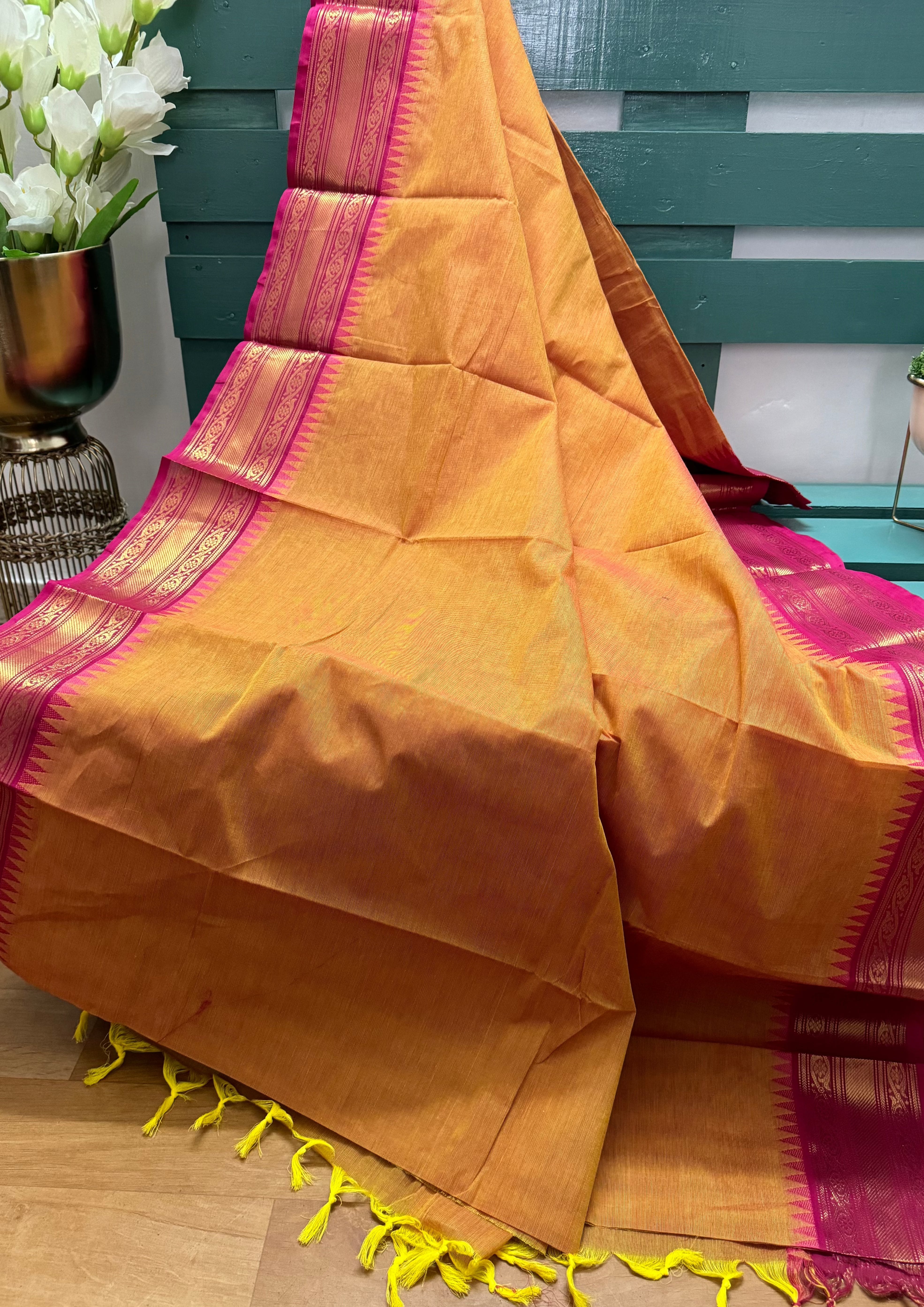 Yellow and Pink  Big Border Chettinadu Cotton Saree