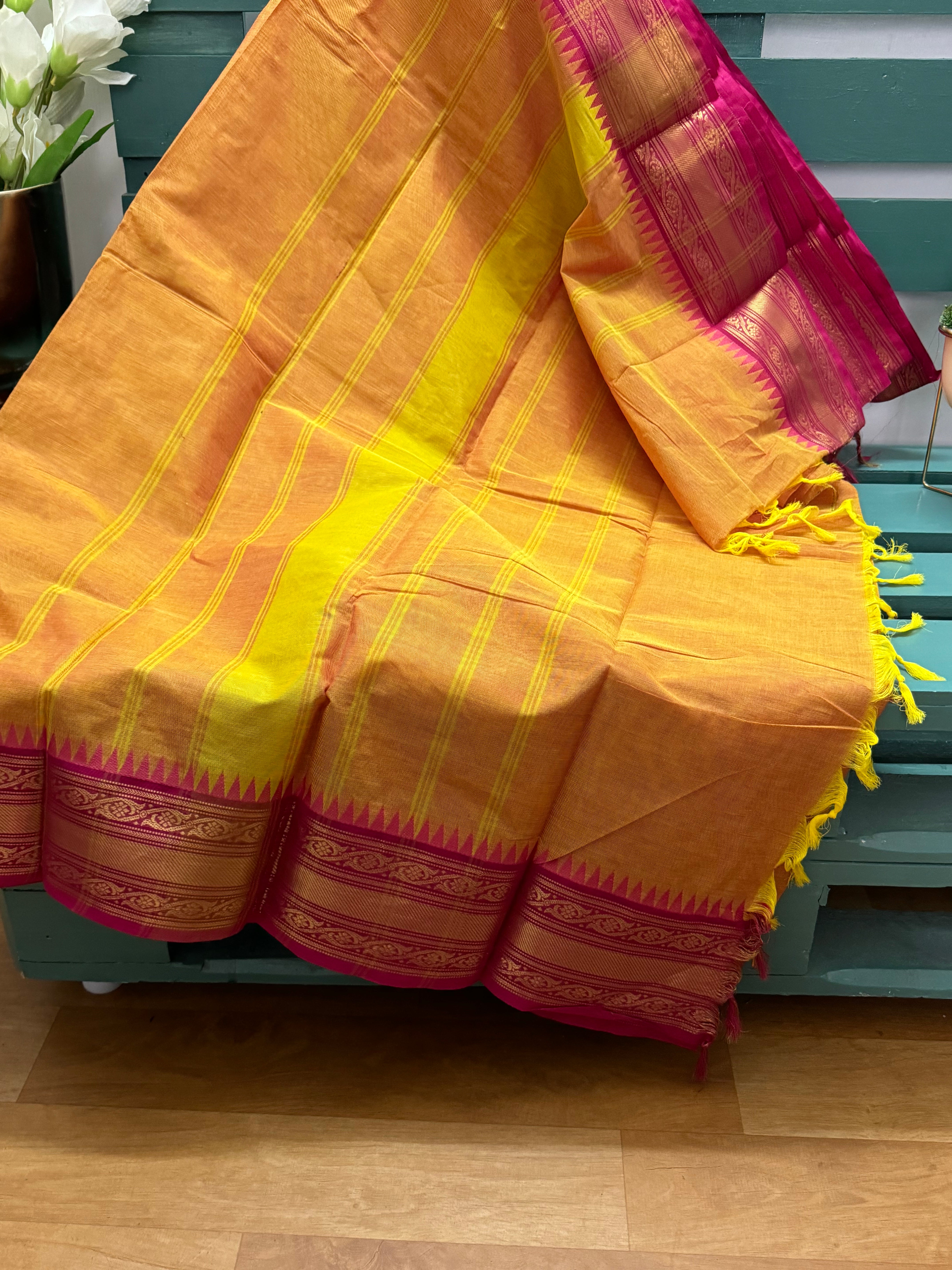 Yellow and Pink  Big Border Chettinadu Cotton Saree