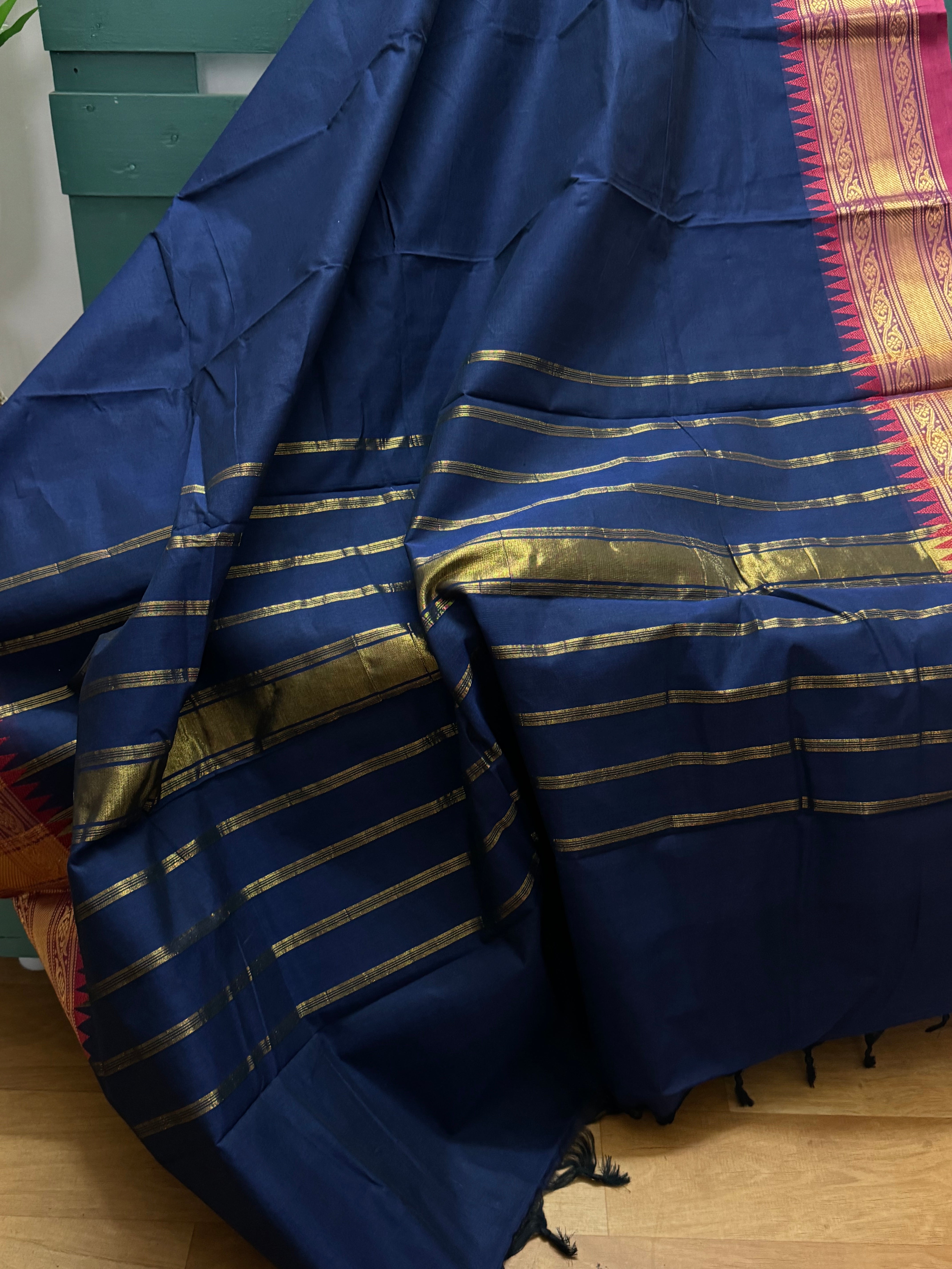 Ink Blue Temple Border Chettinadu Cotton Saree