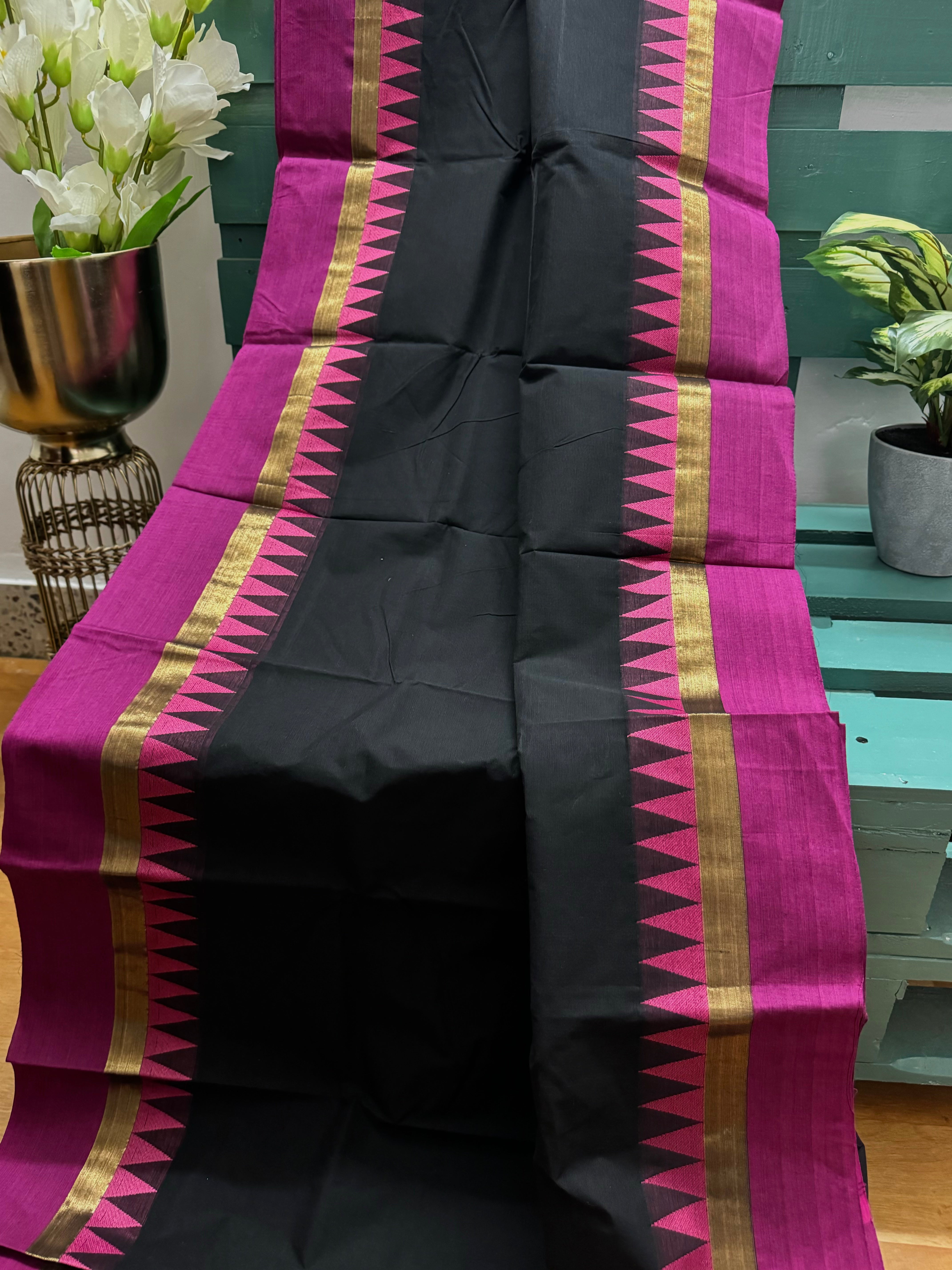 Black Temple Border Chettinadu Cotton Saree