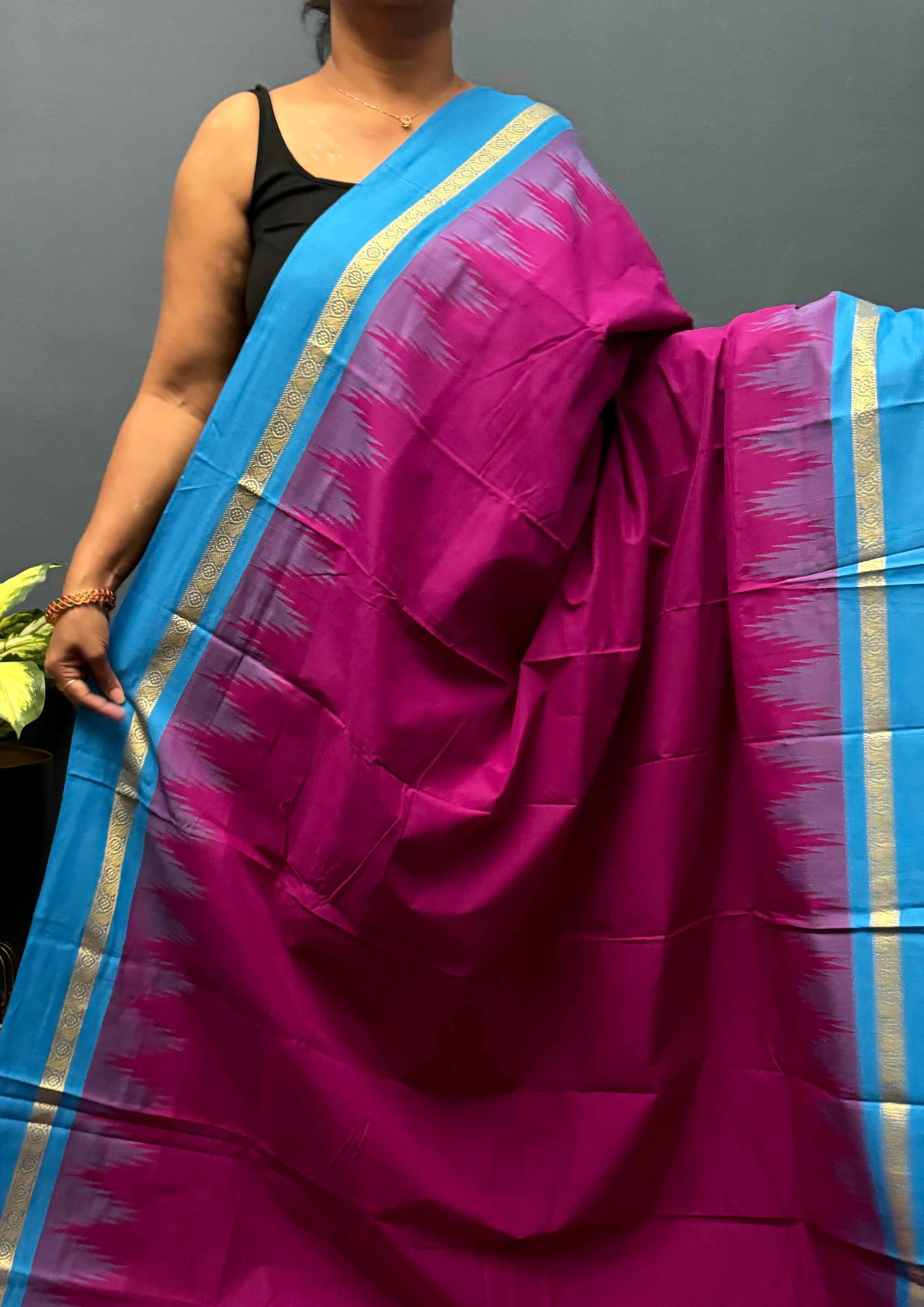 Violet and Sky Blue  Korvai Chettinadu Cotton Saree