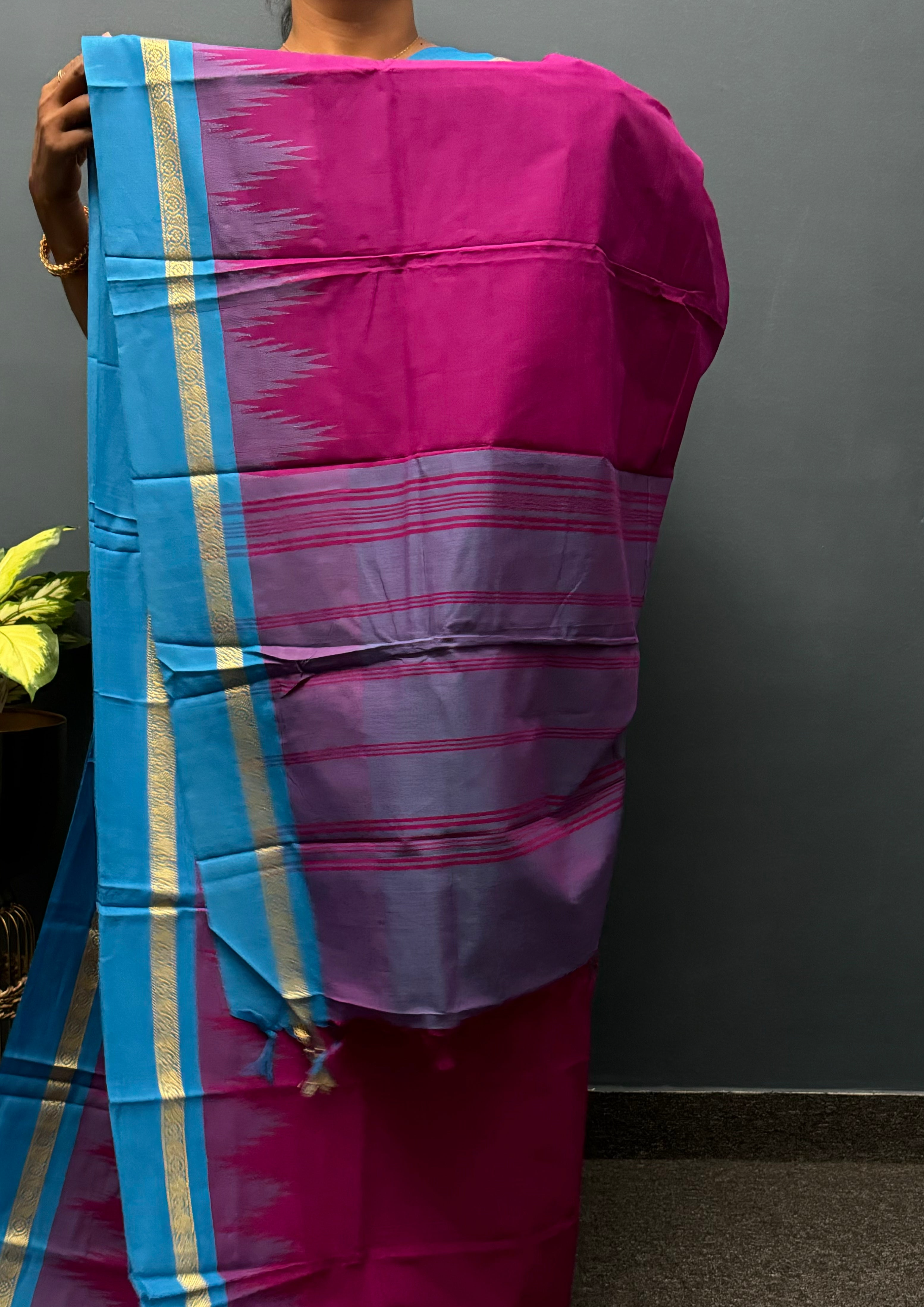 Violet and Sky Blue  Korvai Chettinadu Cotton Saree