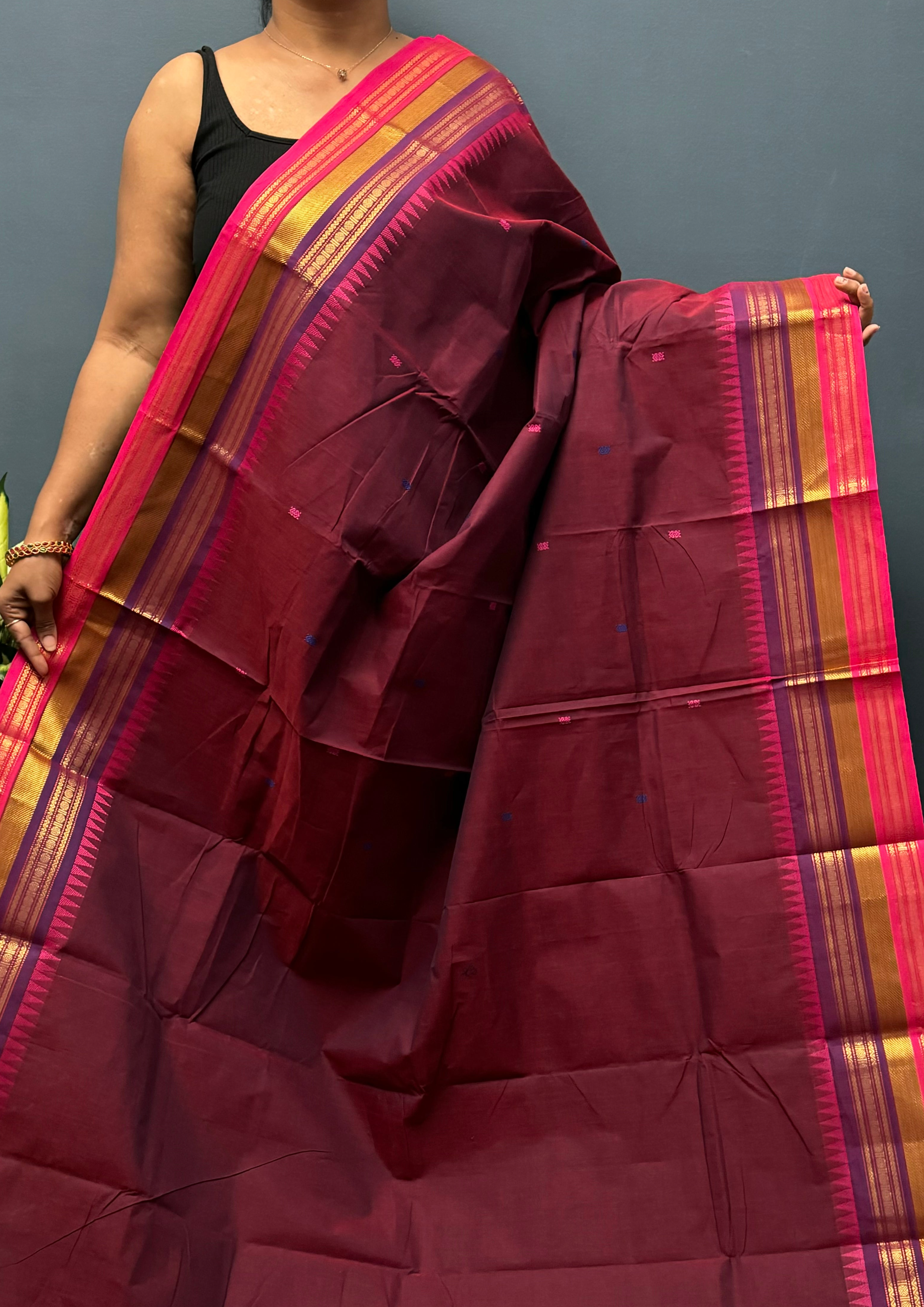 Dark Red Triple Border Chettinadu Cotton Saree